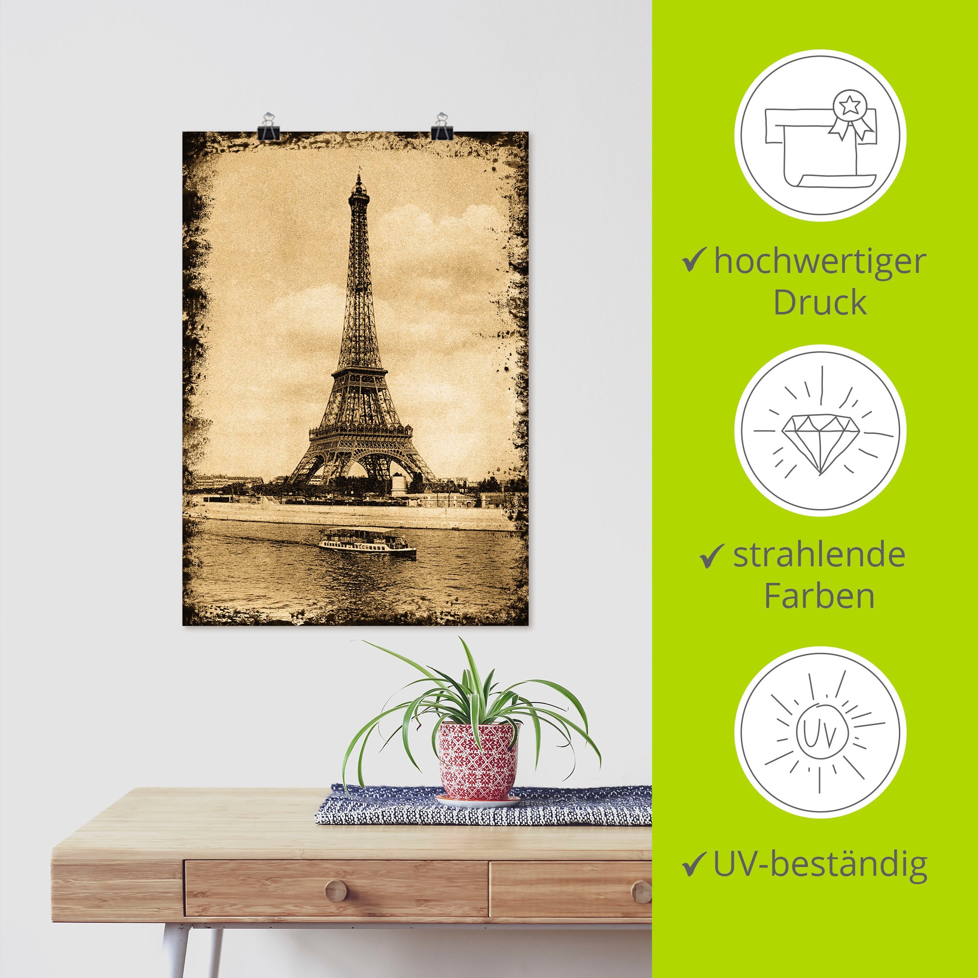 Artland Poster »Paris - Eiffelturm Vintage«, Gebäude, (1 St.), als Leinwandbild, Wandaufkleber oder Poster in versch. Grössen