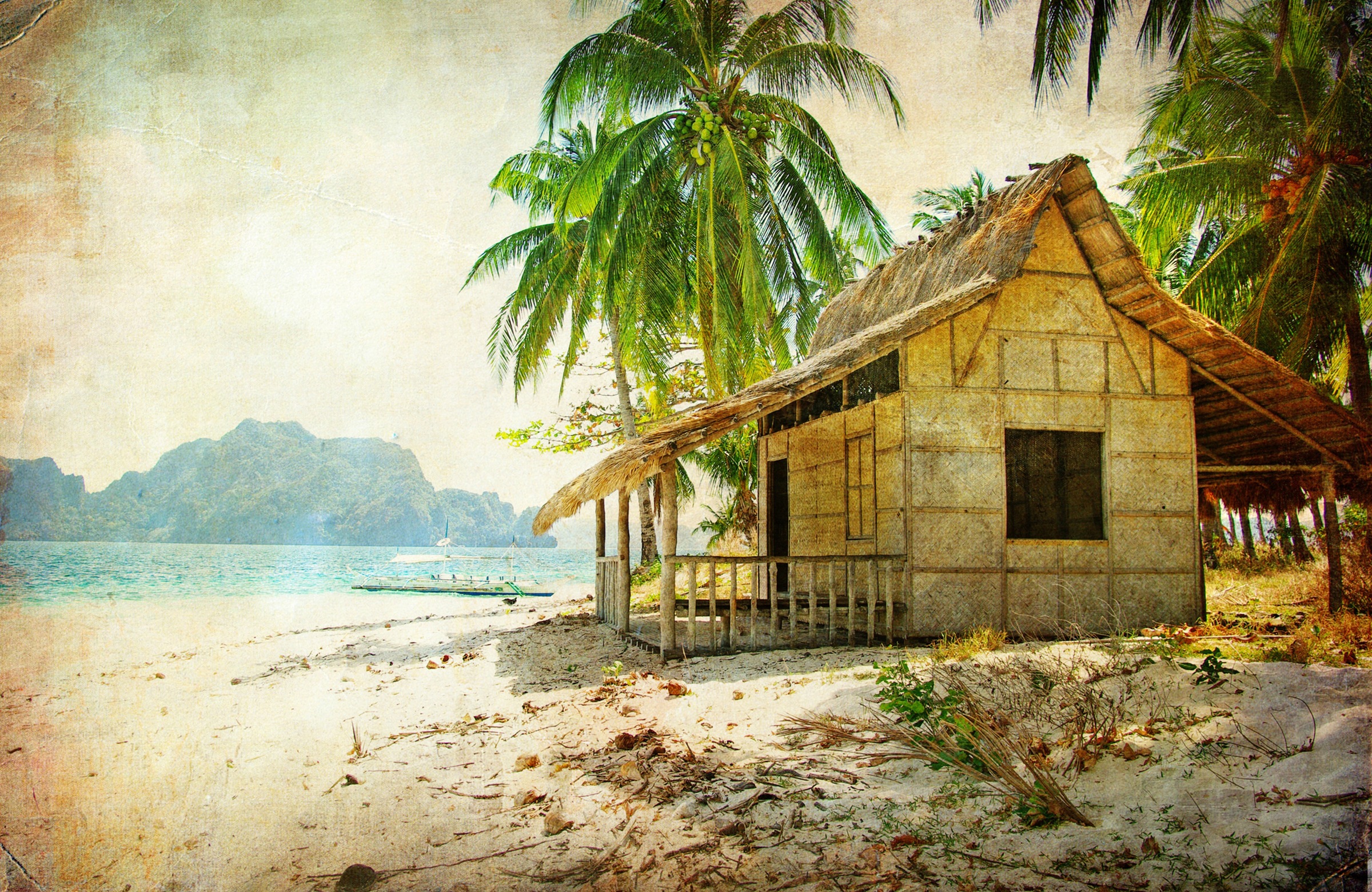 Image of Papermoon Fototapete "PALMEN-STRAND-RETRO VINTAGE KARIBIK SÜDSEE MEER DÜNEN"