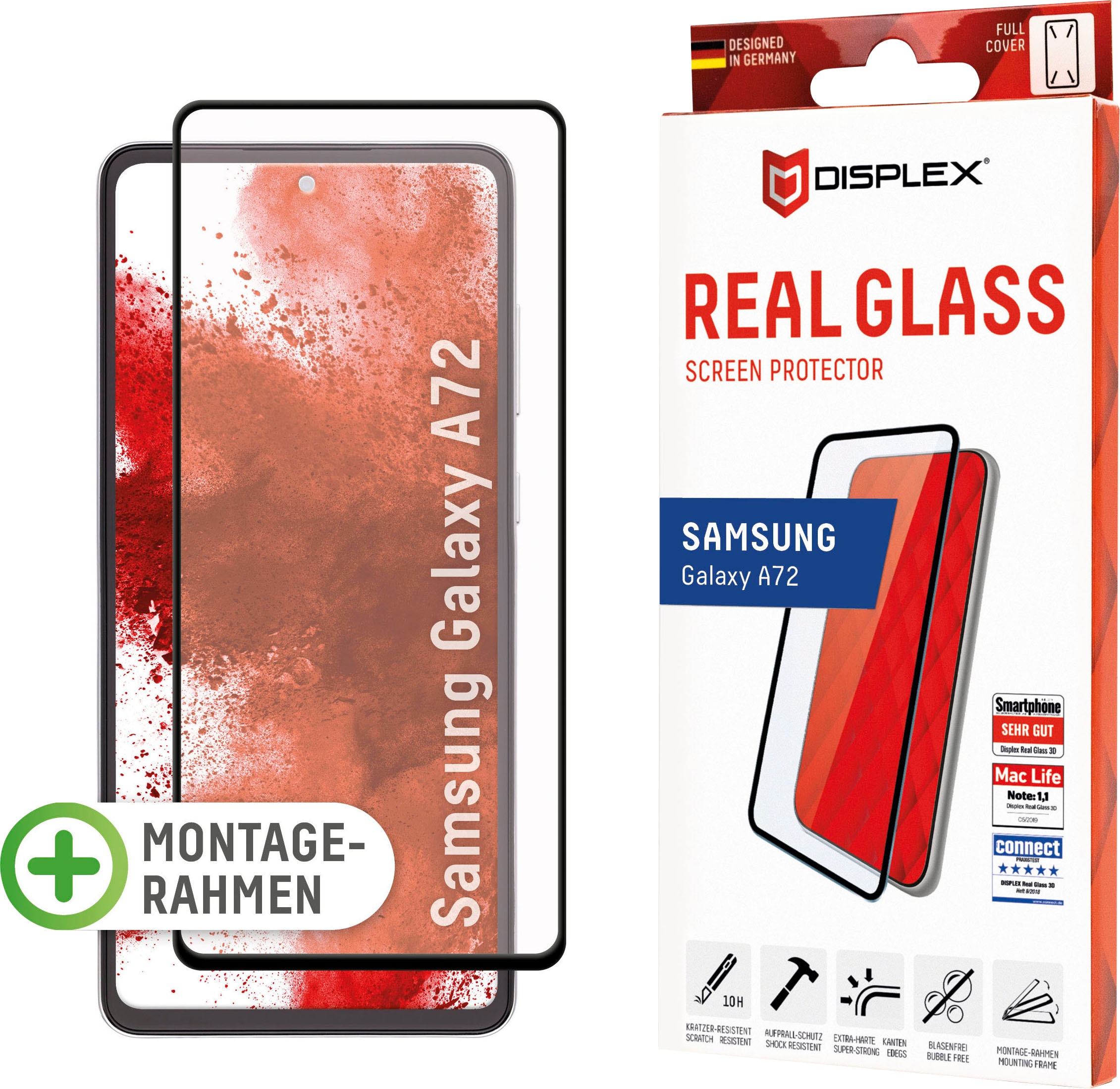 Image of Displex Displayschutzfolie »DISPLEX Real Glass Panzerglas für Samsung Galaxy A72 (6,5"), 10H Tempered Glass, mit Montagerahmen, Full Cover«, für Samsung Galaxy A72 bei Ackermann Versand Schweiz