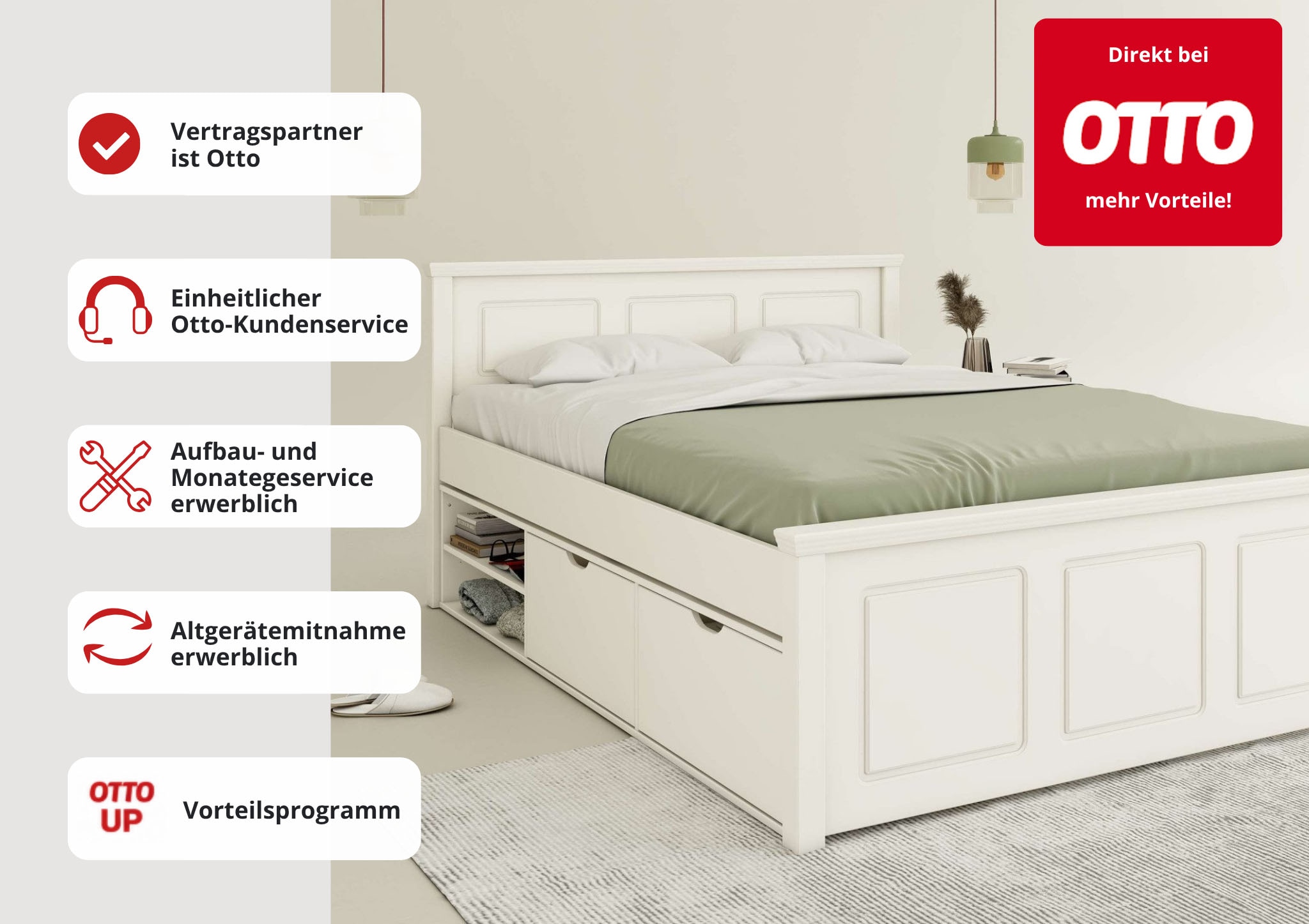 GOODproduct Stauraumbett »SVEA – Landhausstil, Massivholz-Kiefer & Lattenrost inklusive« Liegefläche 180x200cm,  2 Schubladen + offene Fächer, FSC® zertifiziert, Made in Europe