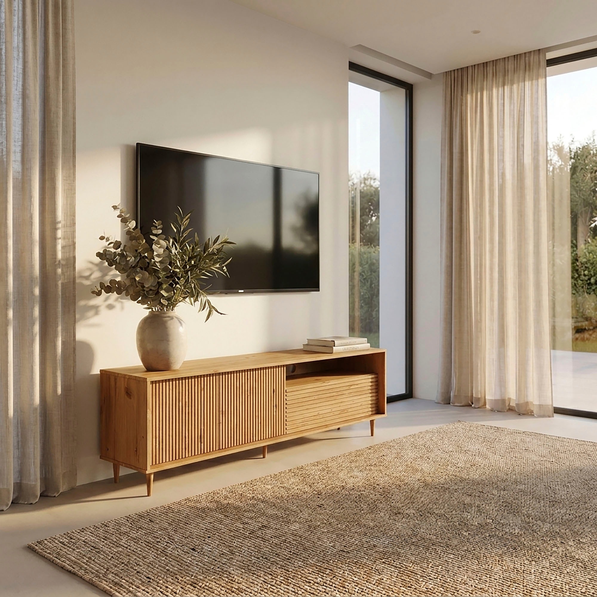 GOODproduct Table basse »Malmedy  Front mit gefrästen Rillen« meuble TV en pin massif, push-to-open, largeur 180 cm