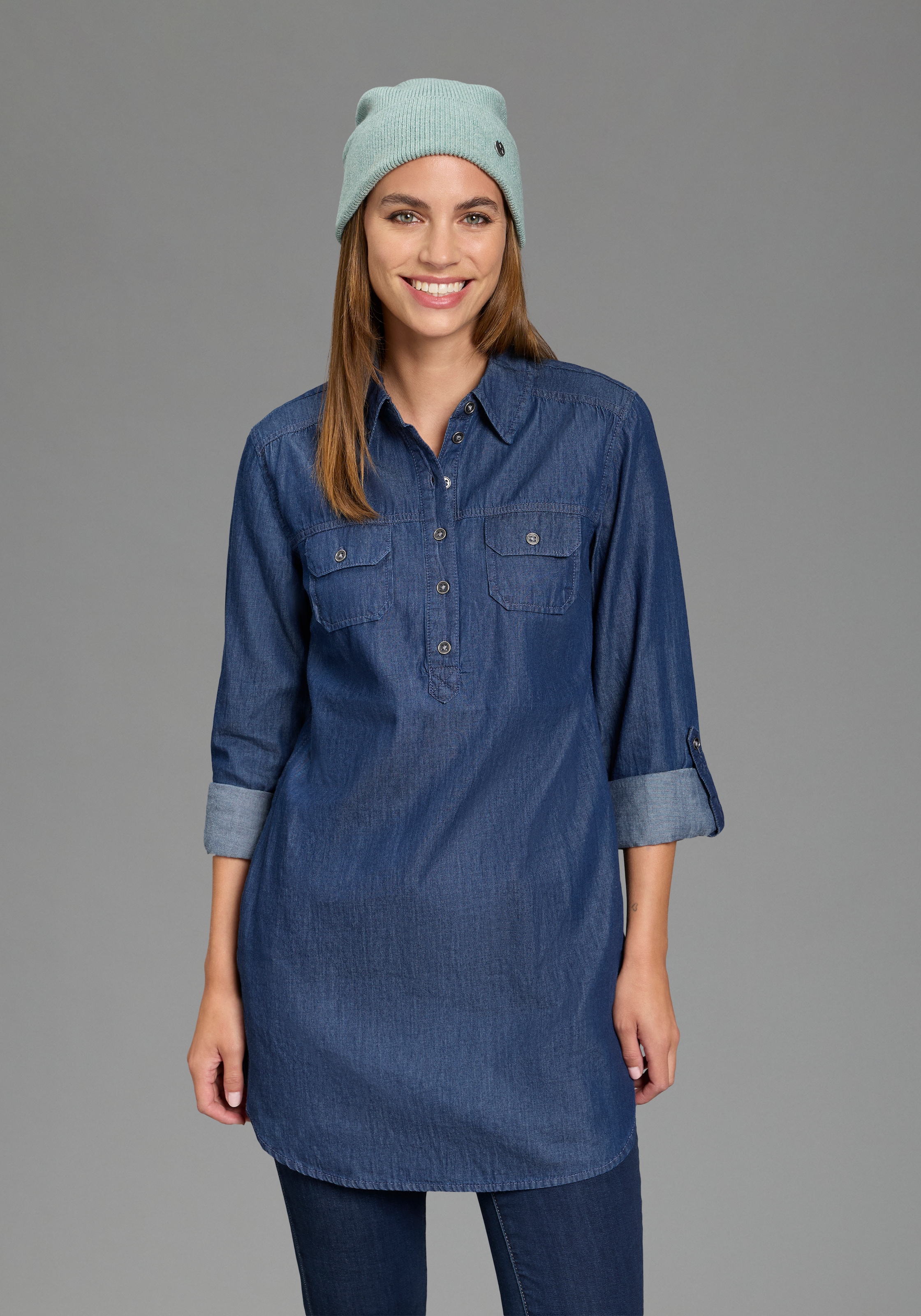 Image of Arizona Jeansbluse "Krempelärmel mit Riegel" im Tunikastil