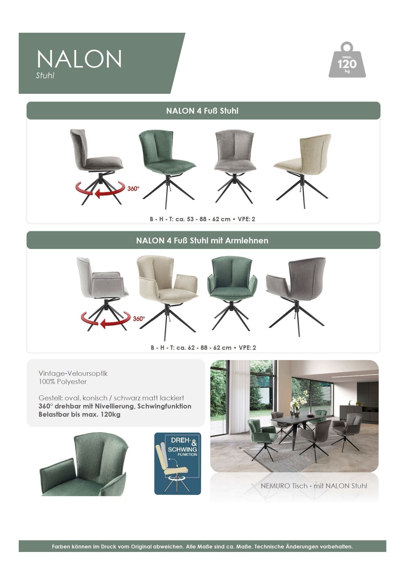 MCA furniture 4-Fussstuhl »NALON Esszimmerstuhl (2er Set) - Stuhl«, (Set), 2 St., Veloursstoff, 360° drehbar, Schwingfunktion, Metall, Veloursoptik, belastbar 120 kg