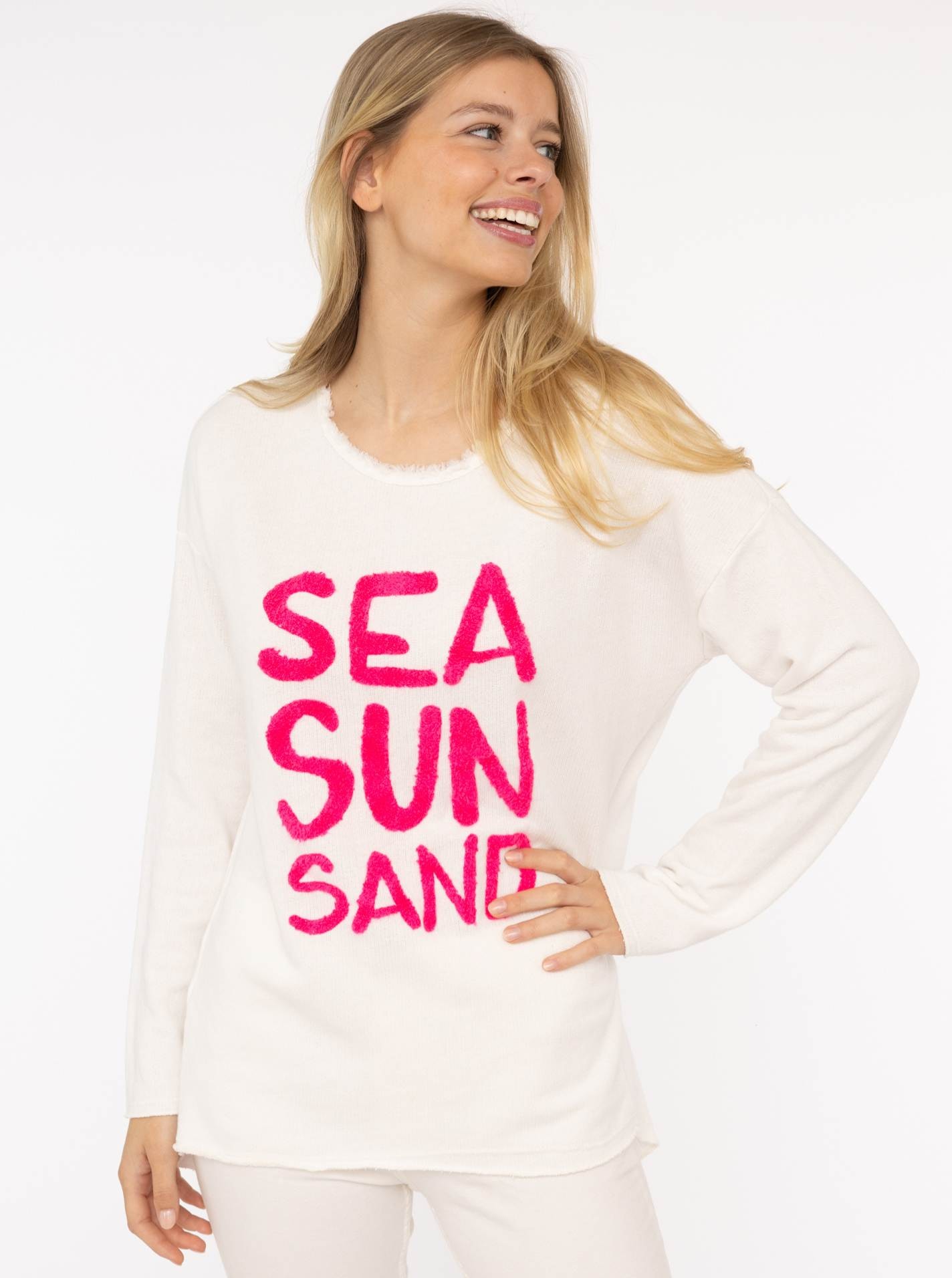 Image of Zwillingsherz Sweater ""Sea Sand Sun"", Flock-Print, ausgefranster Rundhalsausschnitt, Langarm