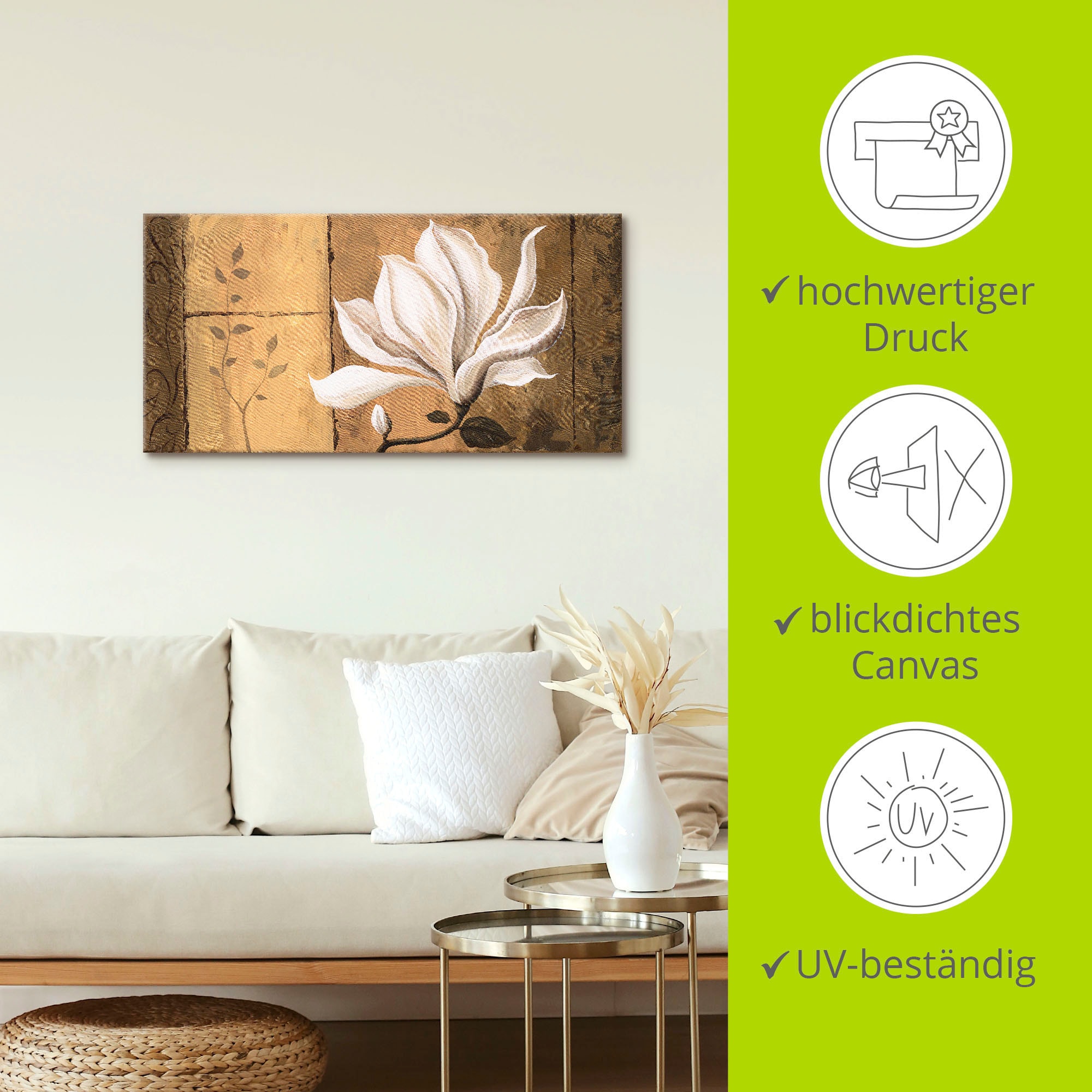 Artland Wandbild »Magnolie an Gold-Braun«, Blumen, (1 St.), als Leinwandbild, Poster in verschied. Grössen