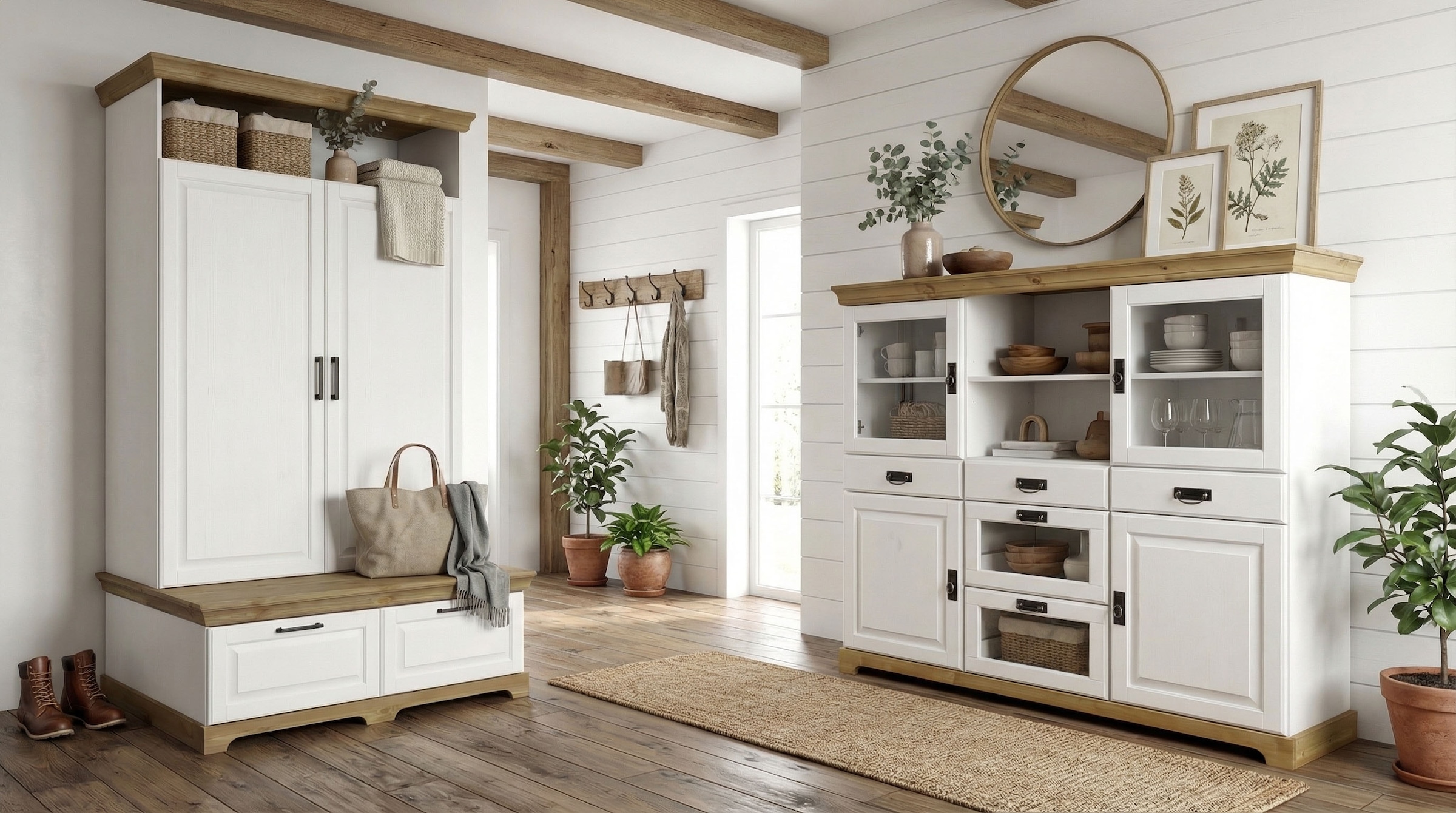 GOODproduct Wäscheschrank »Rügen XXL– Landhaus-Charme mit maximalem Stauraum, zeitlos schön« B/H/T ca. 127/216/70 cm,  Integrierte Sitzbank + Schubladen: Stauraum für Schlafzimmer+Diele