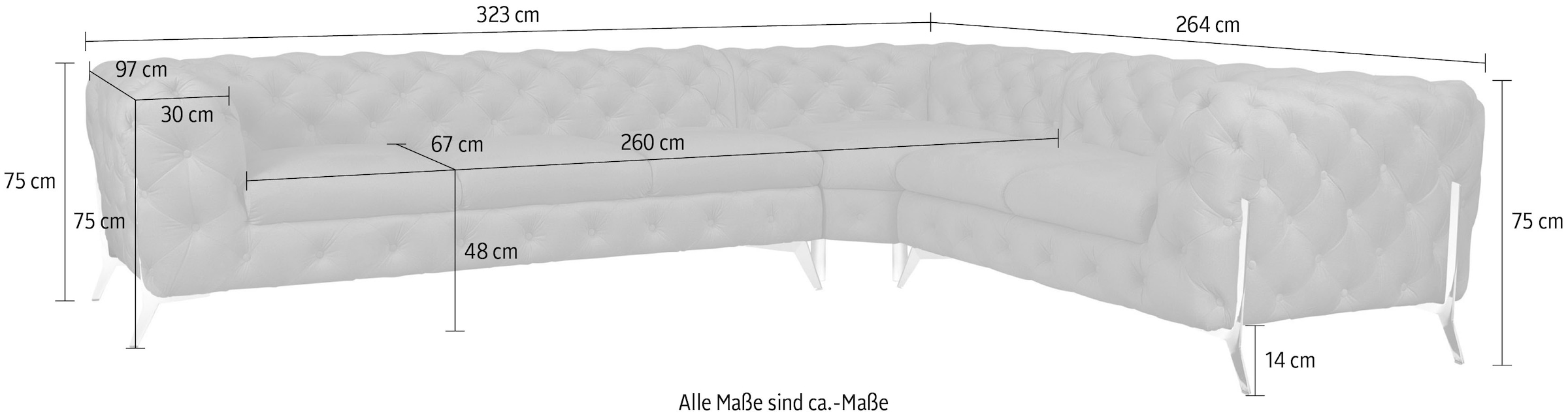 Leonique Chesterfield-Sofa »Amaury L-Form«, grosses Ecksofa, Chesterfield-Optik, Breite 323 cm, Fussfarbe wählbar
