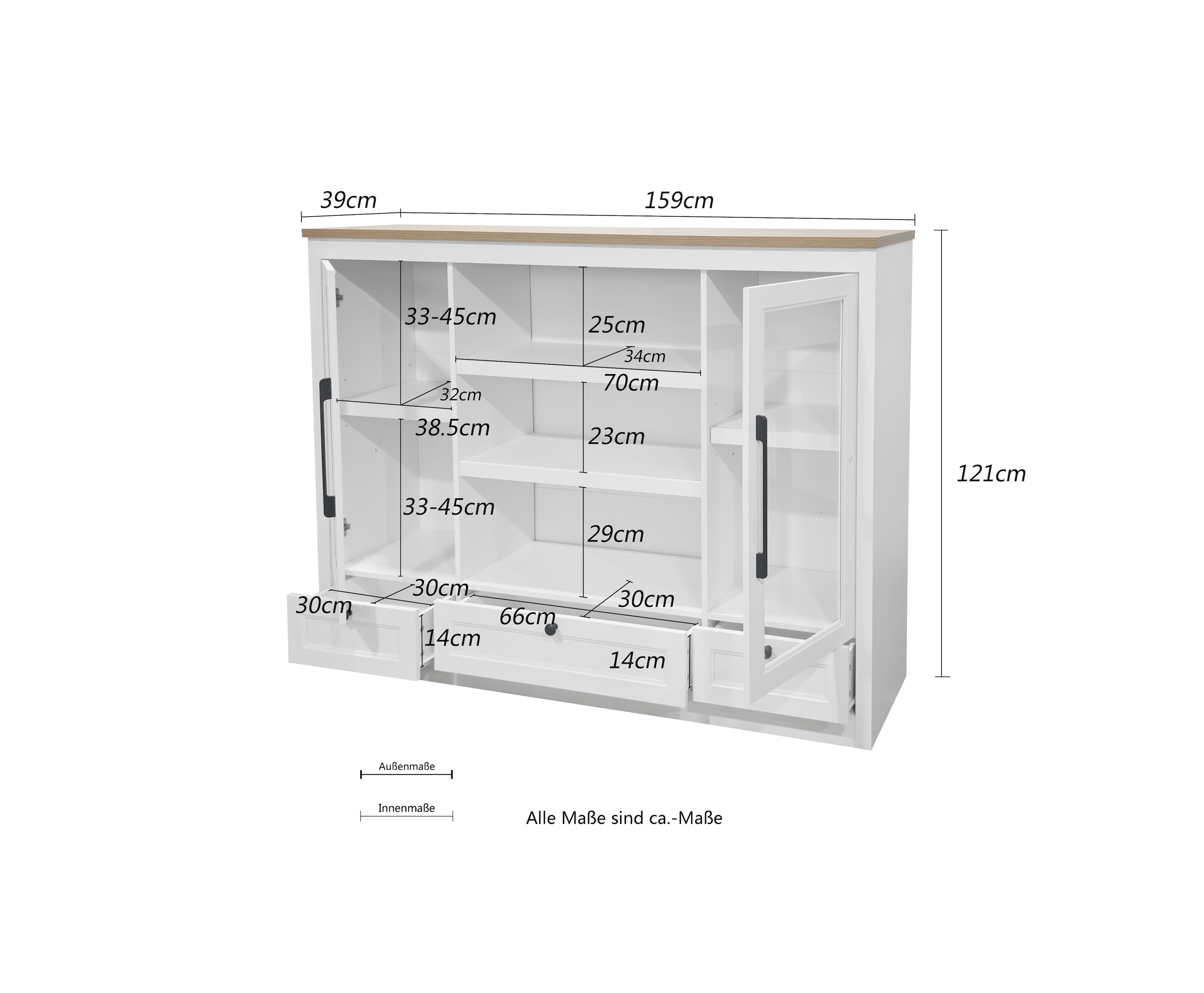 GOODproduct Highboard »Ismund« aus MDF, mit Holz-Zierleiste, schwarzen Metallgriffen, Höhe 121 cm