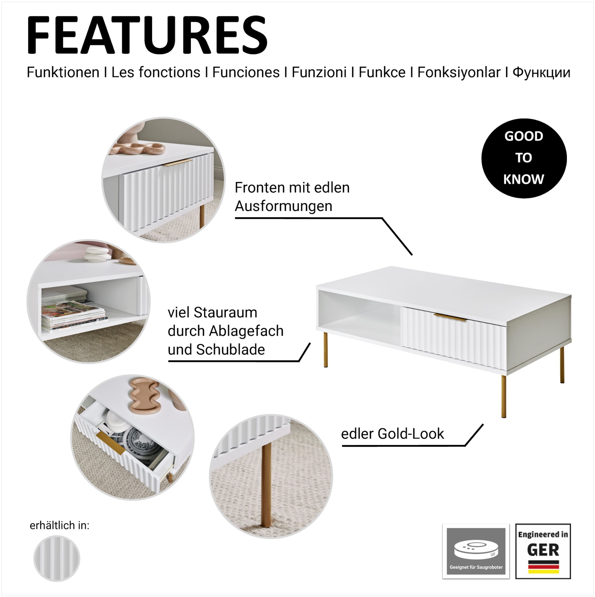 Jahnke Couchtisch »CARVE COFFEE SK« 1 Stk. tlg. Couchtisch mit Schublade und Fach, Gold-Look, raffiniertes Design