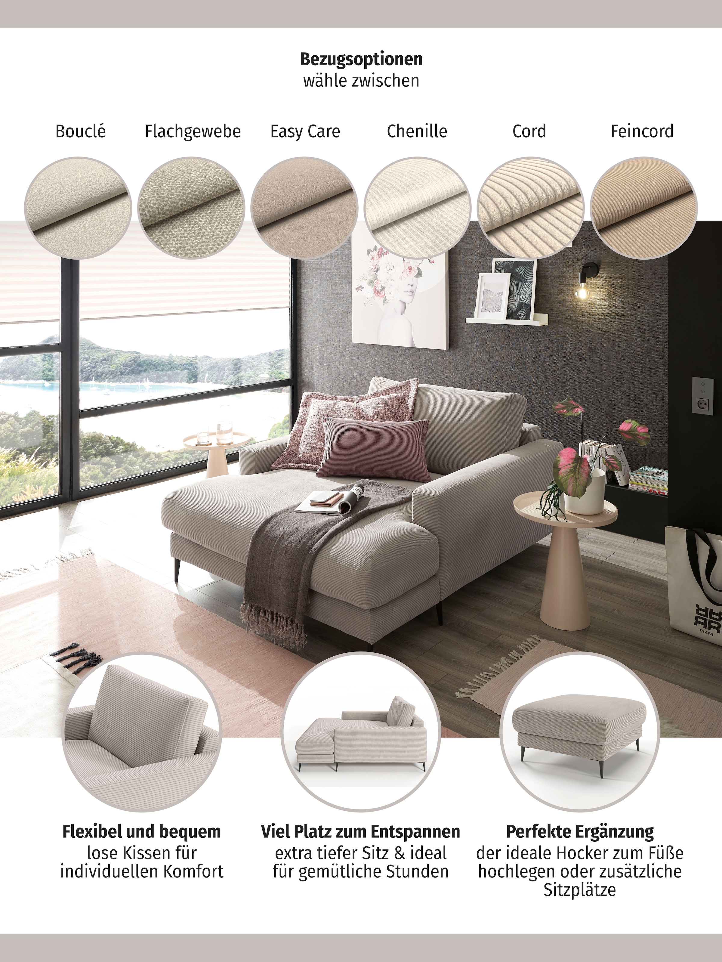 Home affaire Chaise longue »Downtown Loungemöbel zum Relaxen, B/T/H: 132/170/84 cm« aussi en bouclé, velours côtelé et Easy care - facile à nettoyer à l'eau,
