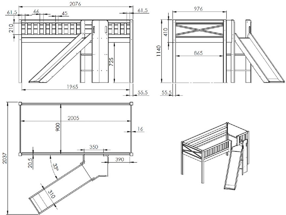 Vipack Hochbett »Scott« Made in Europe,  m. Rutsch-/Leiterturm, LF 90x200 cm, Vorhang, Tasche, 4 Designs