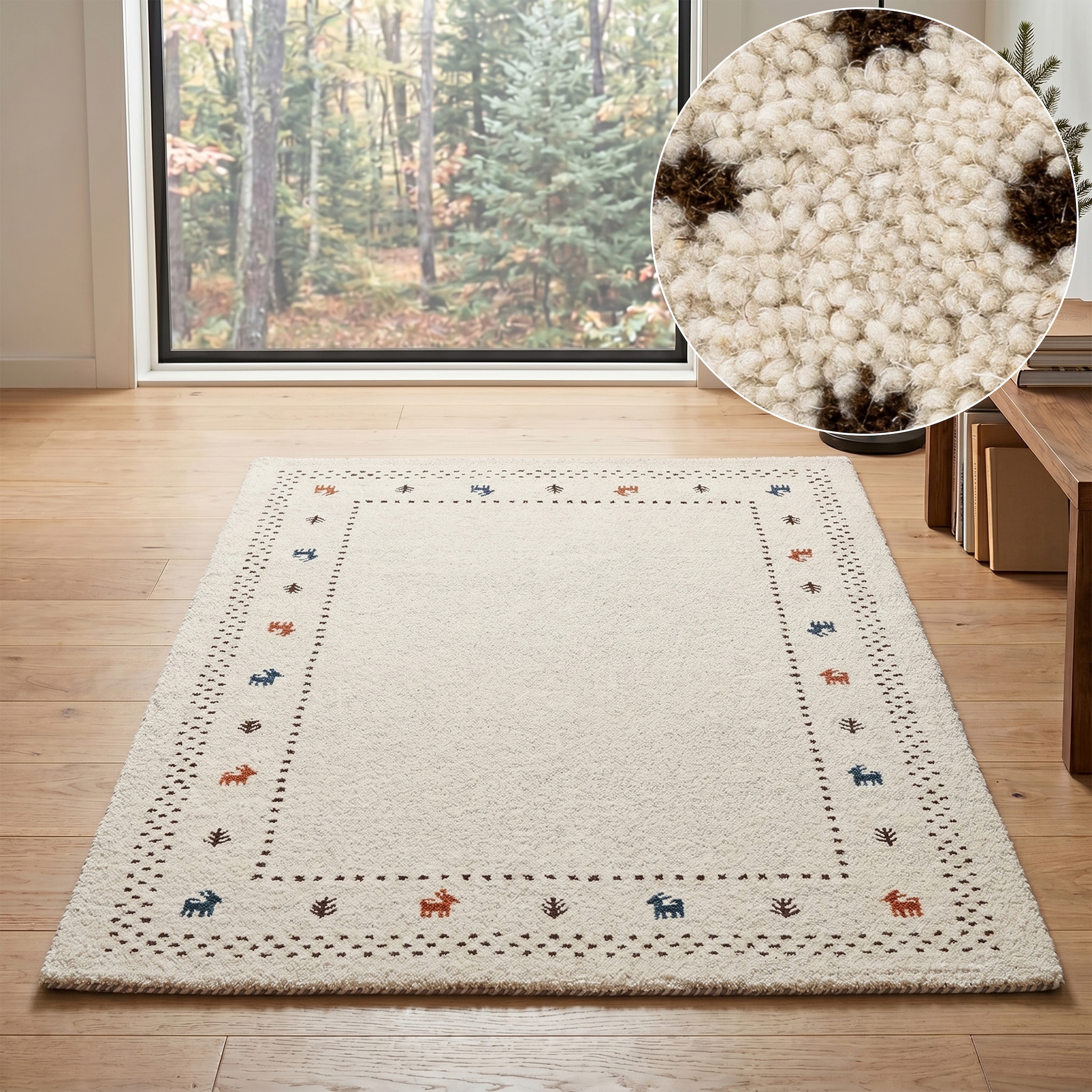 Image of THEKO Wollteppich "Gabbeh Bordüre, Handgefertigt, Teppich, Tiermotiv, reine Wolle" rechteckig 14 mm Höhe Wohnzimmer, Schlafzimmer, Esszimmer