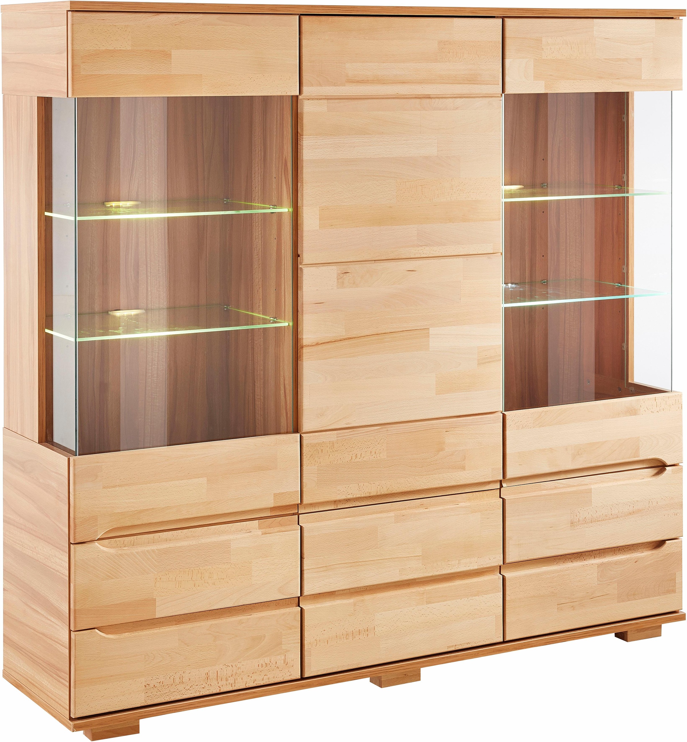 Image of GOODproduct Highboard "Vetro,150cm breit,40 cm tief,Fronten Massivholz,9 Fächer" Kernbuche massiv, Holzwerkstoff, 3Türen,6 Schubladen, Griffmulden