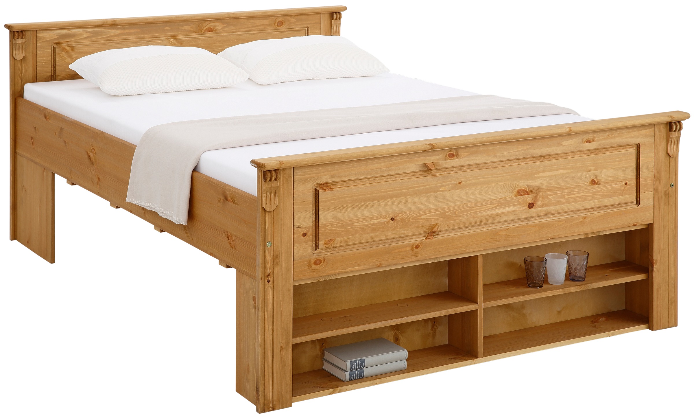 OTTO home Massivholzbett "Tessin, Stauraumbett, Landhausstil, Schubladen optional, rustikal" Breite/Belastbarkeit 180cm/220 KG, 140cm/180 KG, zertifizierte Kiefer, Kassetten-Optik, stabile Qualität