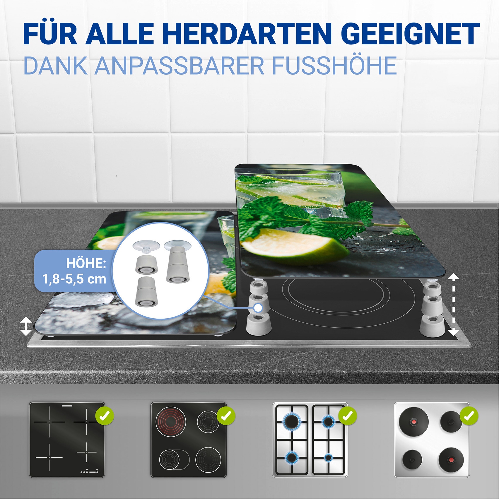 WENKO Herd-Abdeckplatte »Universal Modell Mojito«, (Set, 2 tlg.), Herdabdeckung für alle Herdarten, kratzfest, mit rutschfesten Füssen