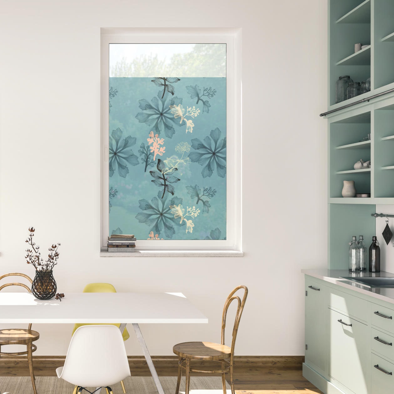Image of LICHTBLICK ORIGINAL Fensterfolie "Fensterfolie selbstklebend, Sichtschutz, Aqua Floral - Blau" 1 Stk. blickdicht glatt statisch haftend