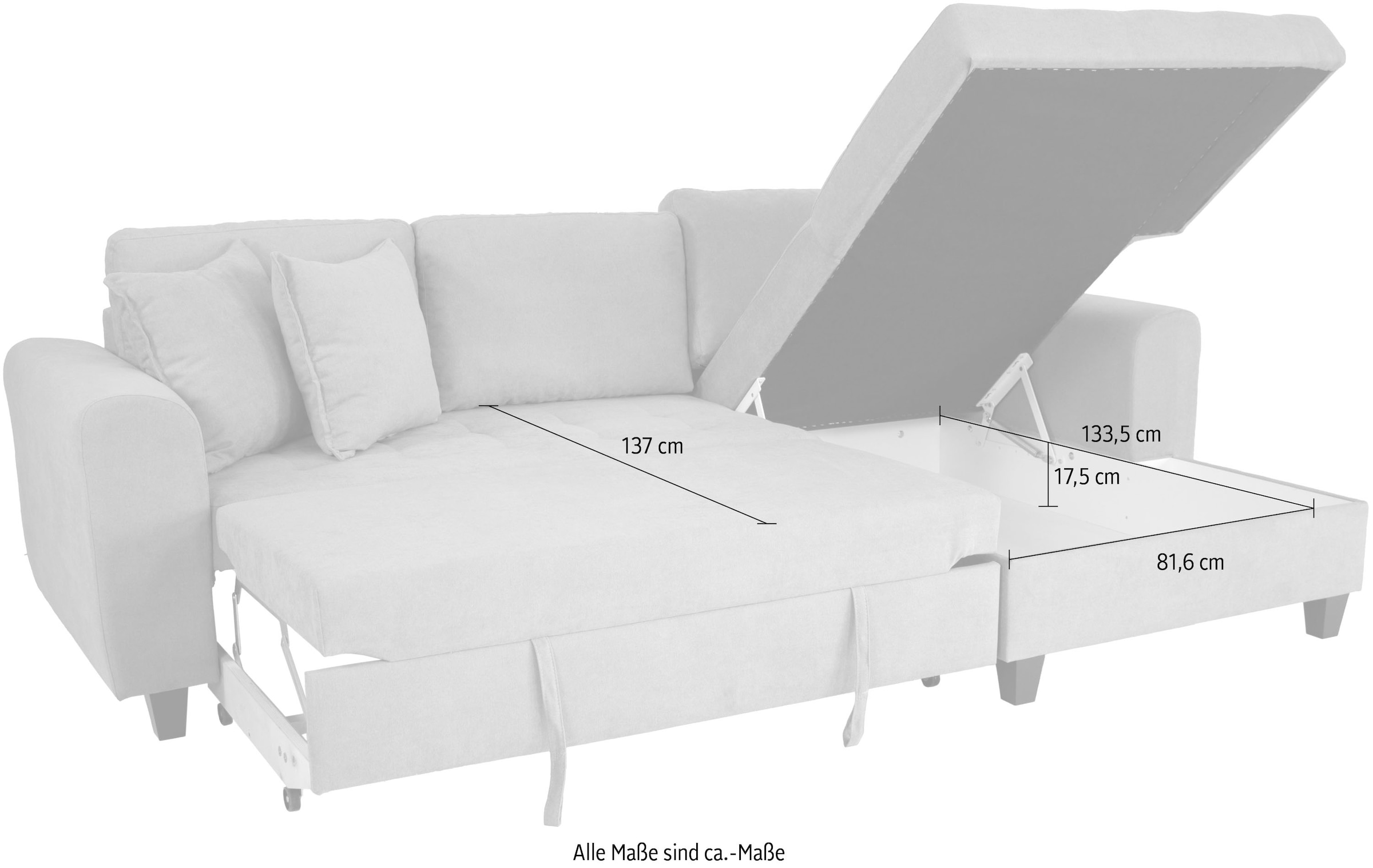 Trends by HG Canapé d'angle »Moritz L-Form, B: 265 cm« mit Bettfunktion, Bettkasten & Zierkissen