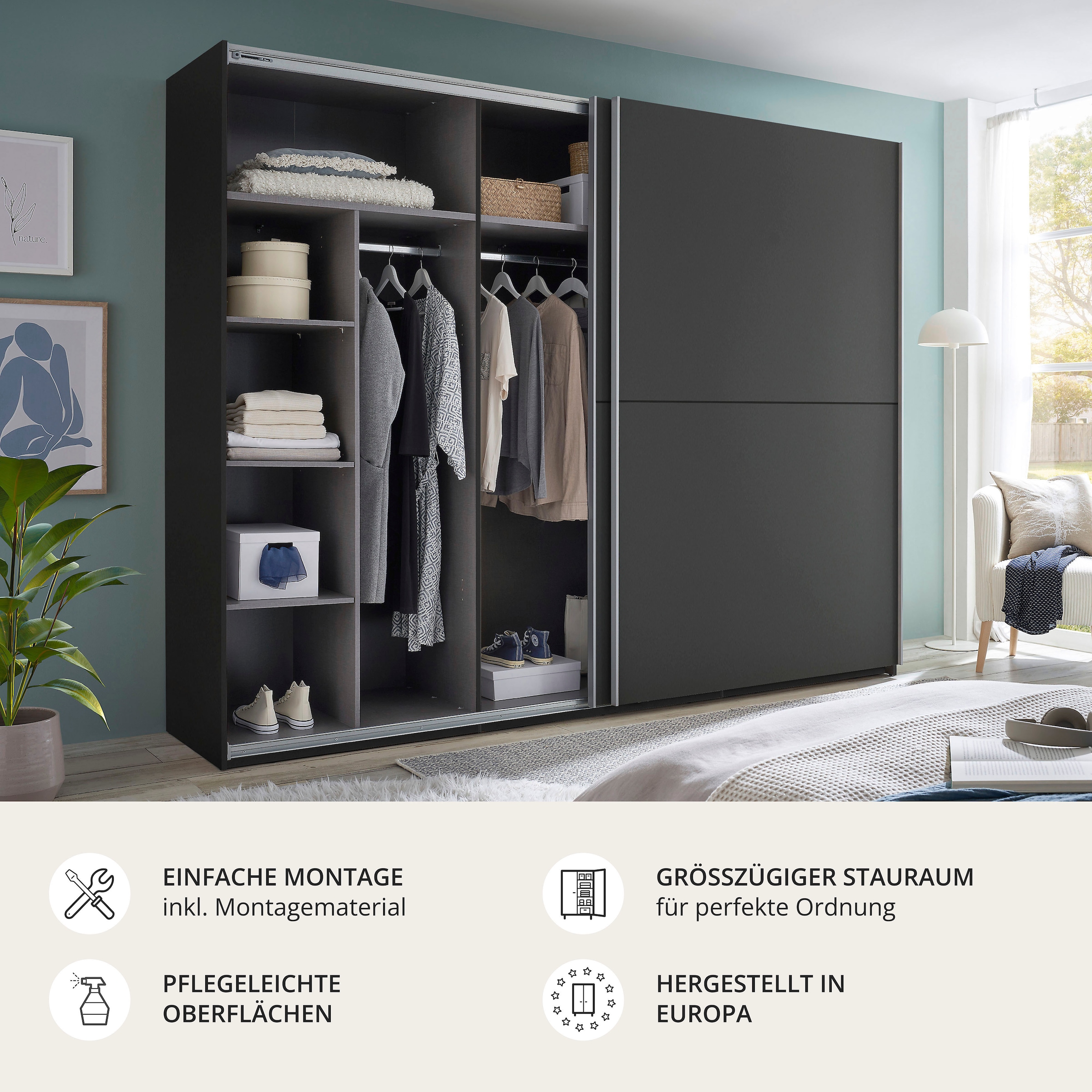 Schlafkontor Armoire à portes coulissantes »Mesio, 2-türiger Kleiderschrank, Schiebetürenschrank mit viel Stauraum« inklusive Hoteleinteilungen aussen und Einlegeböden oben