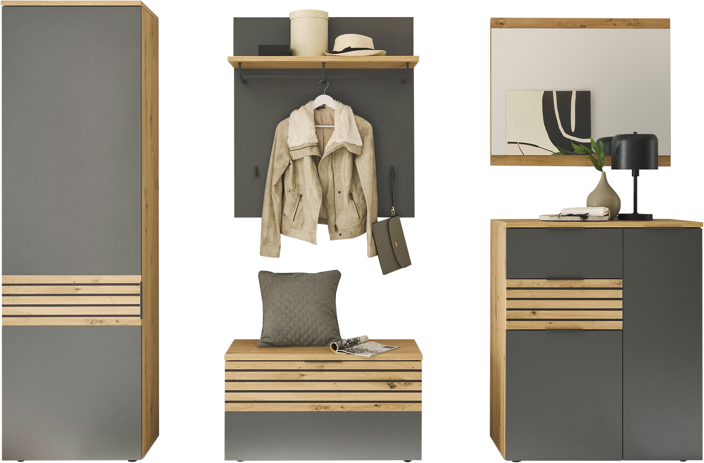 HBZ Garderoben-Set »5-tlg. Eiche Stripes Optik Flurgarderobe Stellmass BxHxT 260x197x38 cm«, (5 St.), Mit Schuhkommode, Hochschrank, Bank, Paneel, Spiegel