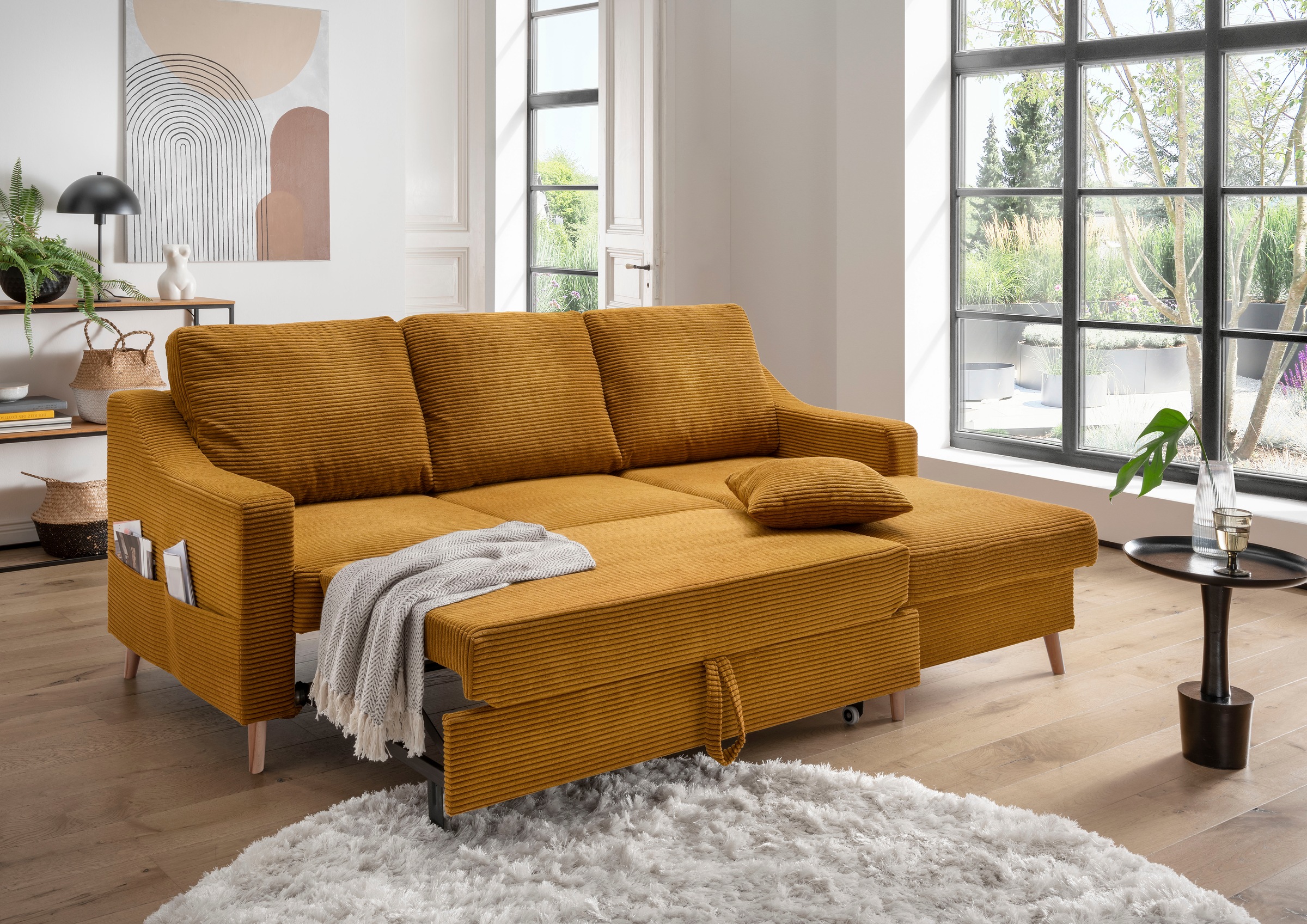 INOSIGN Ecksofa »Valentina L-Form«, 2 Zierkissen, mit Seitentasche, ausziehbarer Liegefläche, Bettkasten