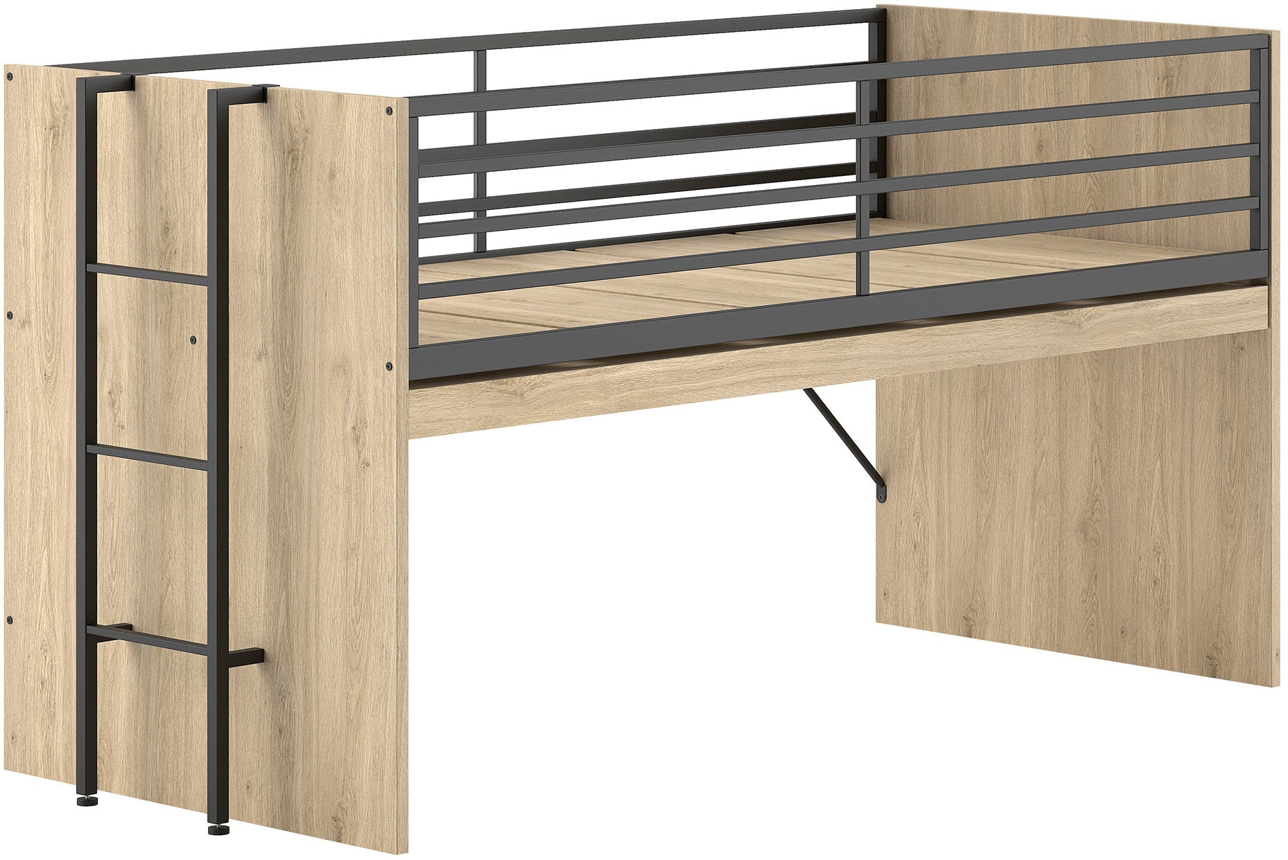 Vipack Hochbett »Sam, schlafen und arbeiten in einem, wahlweise Eiche- oder Weiss-Dekor« Liegefläche 90x200 cm, darunter eine grosse ausziehbare Schreibplatte,  Inkl. Absturzschutz u. Leiter, pflegeleichte Dekor Oberfläche