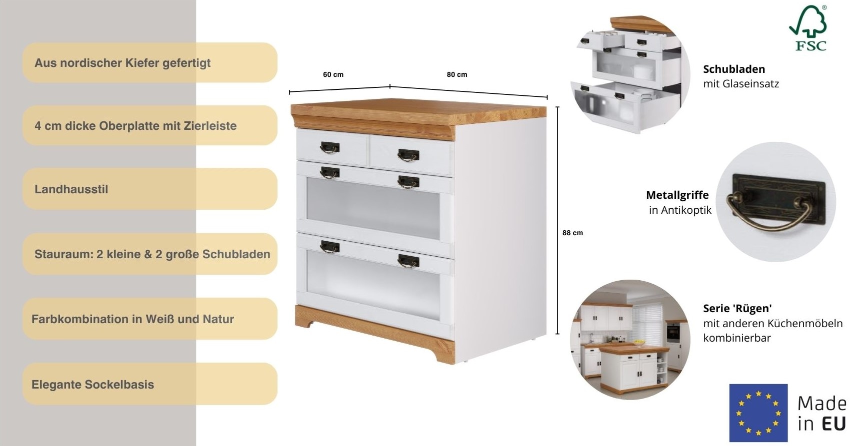 GOODproduct Armoire basse »Rügen« Breite 80 cm, Kiefer massiv, Schubkästen mit Glaseinsatz