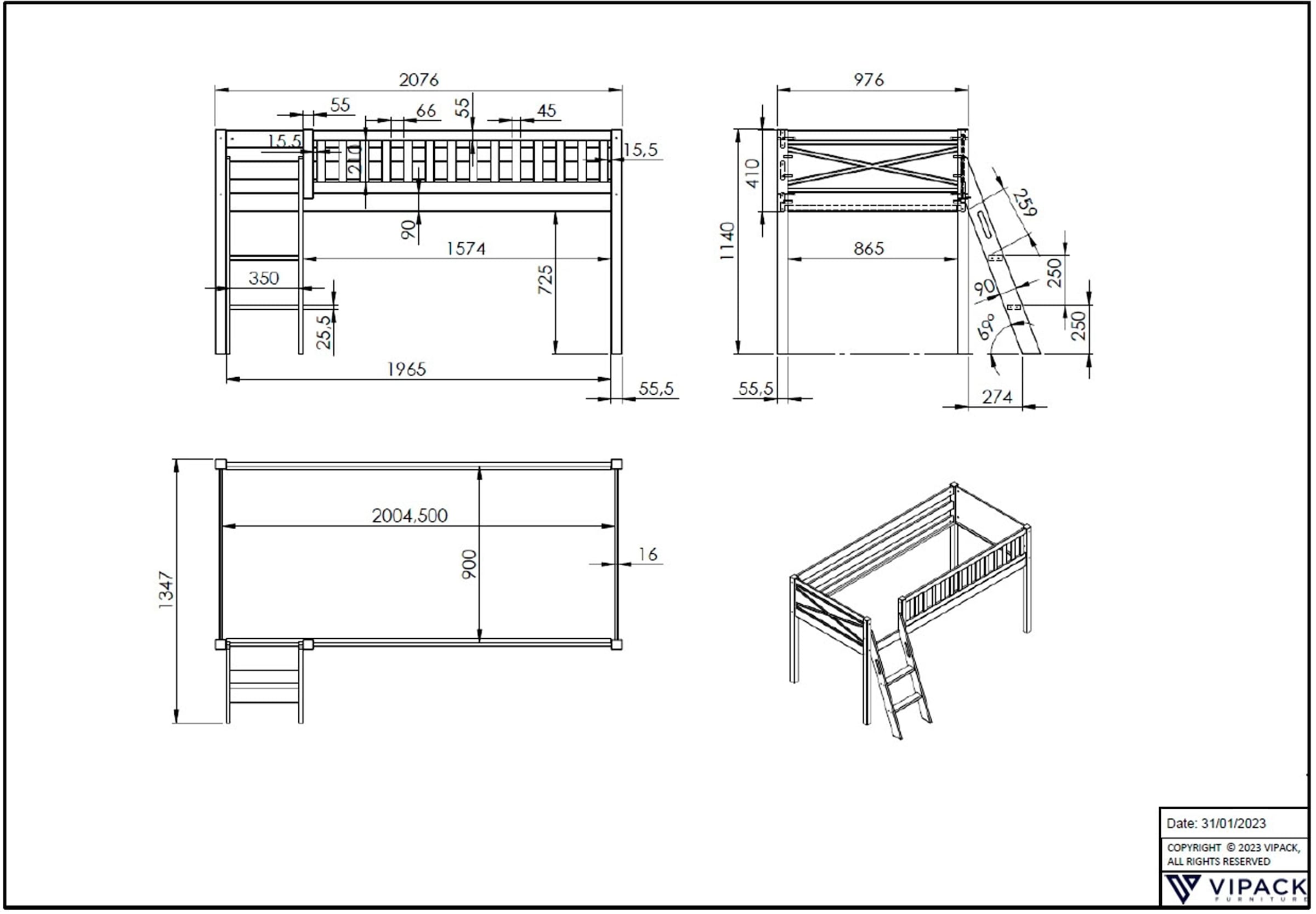 Vipack Hochbett »Scott« Made in Europe,  mit Leiter, LF 90x200 cm, Vorhang, Tasche, Tunnel, 4 Designs