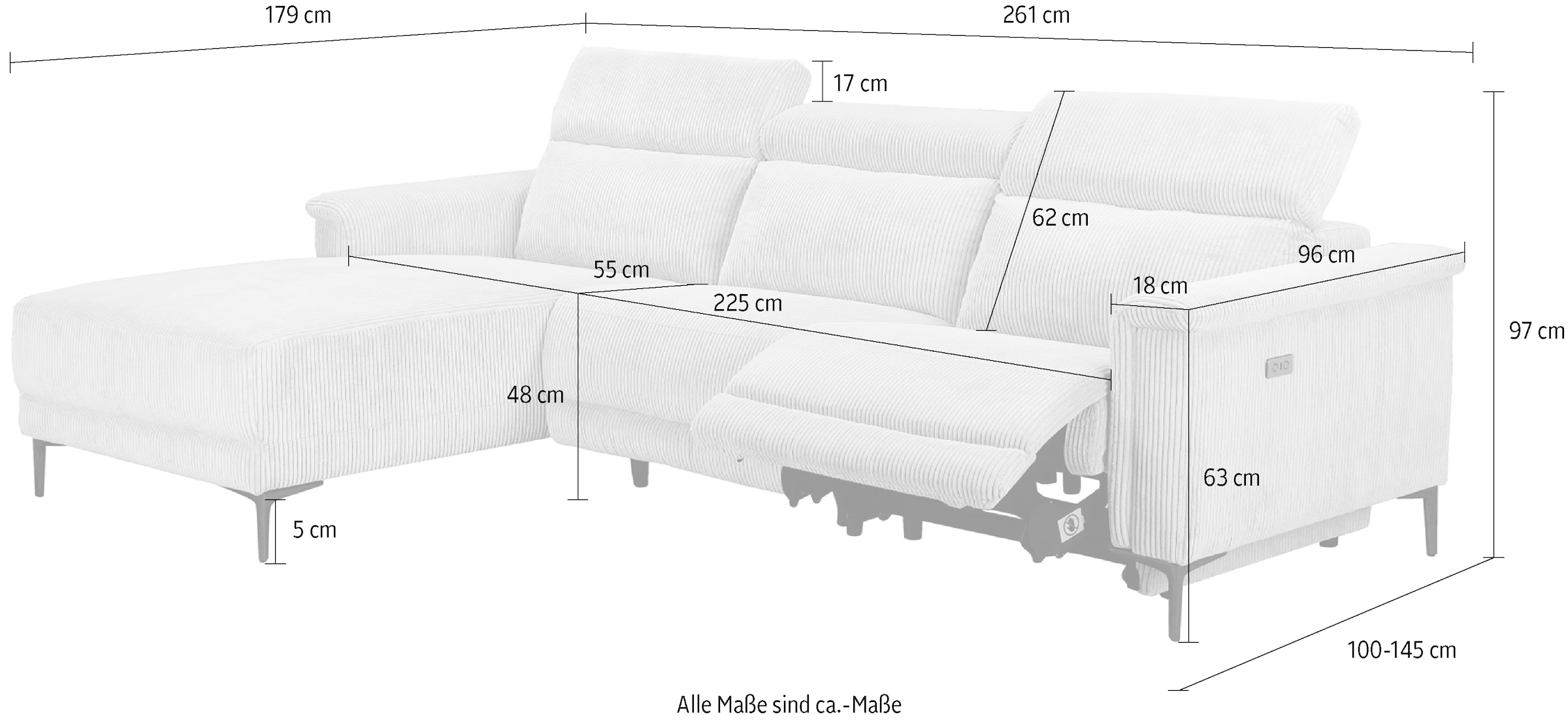 Home affaire Ecksofa »LUND Cord, L-Form, 261 cm, man. o. elektr. Relaxfunktion (mit USB-A)« USB-C bei elektrischer Variante und Kopfteilverstellung