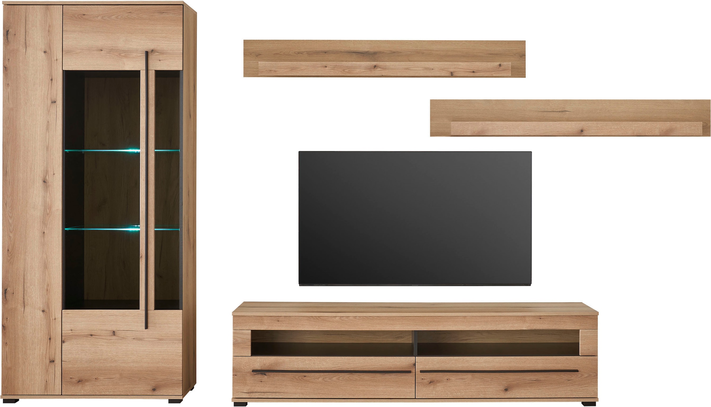 INOSIGN Wohnwand »Cantara, moderne Anbauwand, Wohnzimmer-Set, in Eiche Evoke oder Weiss«, (Set), enthält eine Vitrine, ein Lowboard und zwei Wandboards