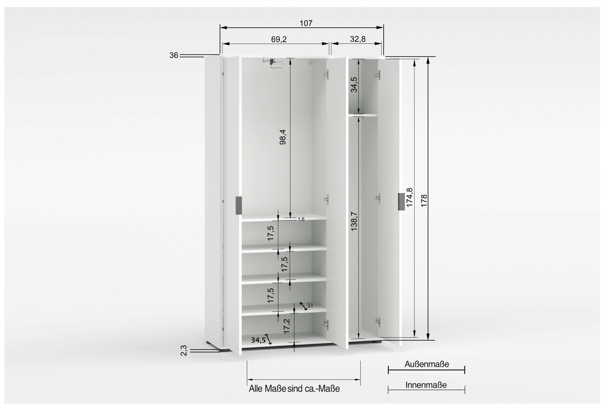 Home affaire Mehrzweckschrank »JOLLY, Stauraumschrank , Breite 107 cm , Höhe 178 cm« 1 Stk. tlg. 3 Türen,1 kl.+3 grosse Böden,1 Auszugsstange,Schrank Hochglanz lackiert