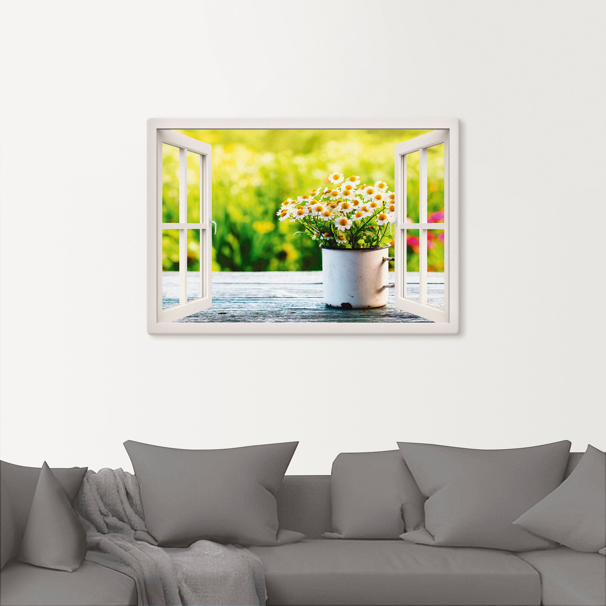 Artland Wandbild »Fensterblick Garten mit Gänseblümchen«, Blumen, (1 St.), als Alubild, Outdoorbild, Leinwandbild, Wandaufkleber, versch. Grössen