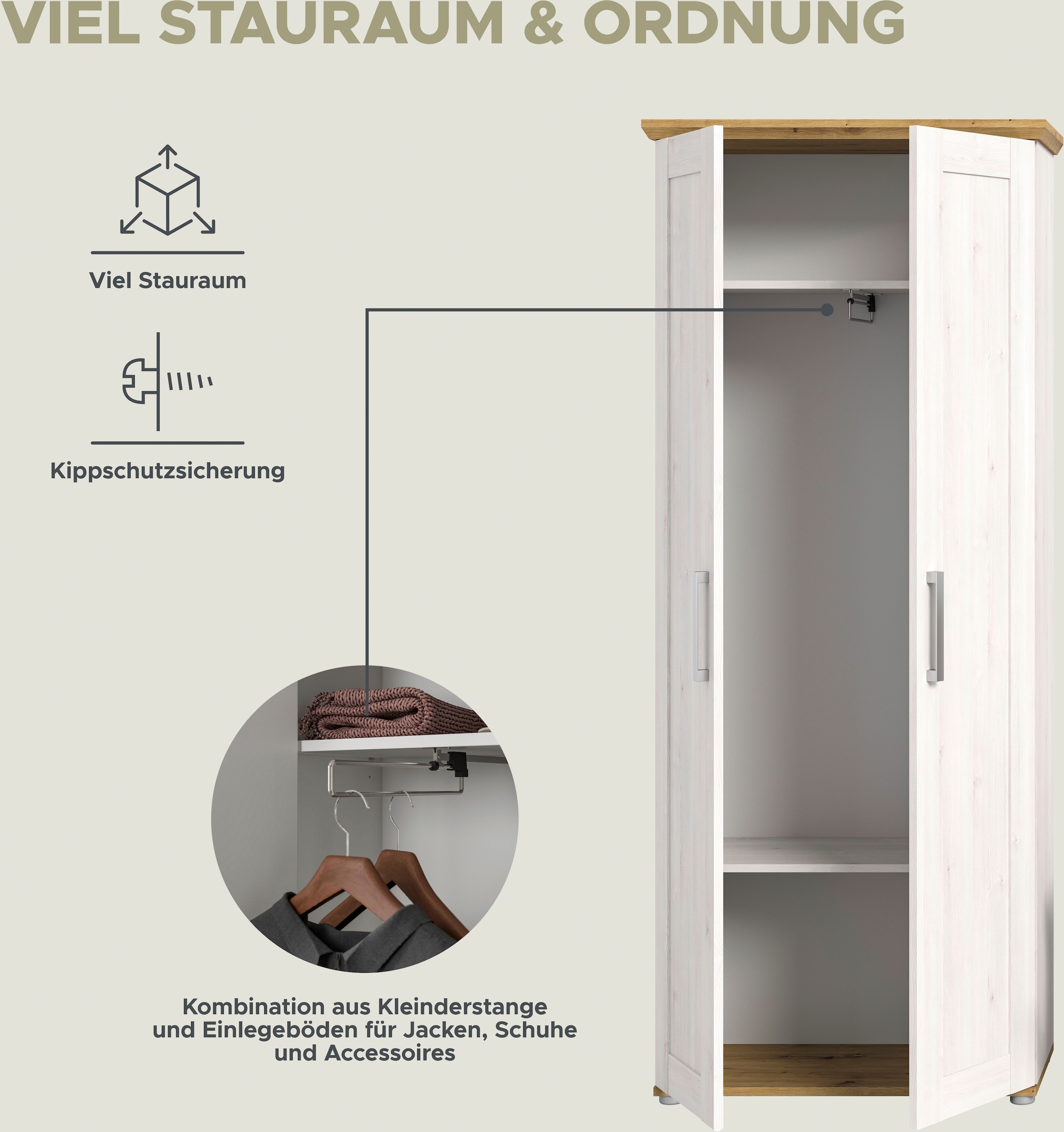 Home affaire Garderoben-Set »COSENZA, TOPSELLER!, Breite ca. 285 cm, 5-teilig, in Landhausoptik«, (5 St., Garderobenschrank, Sitzbank, Garderobenpaneel, Schuhschrank, Spiegel), Garderobenkombination, Kombination, Diele, Garderobe, Garderobenmöbel