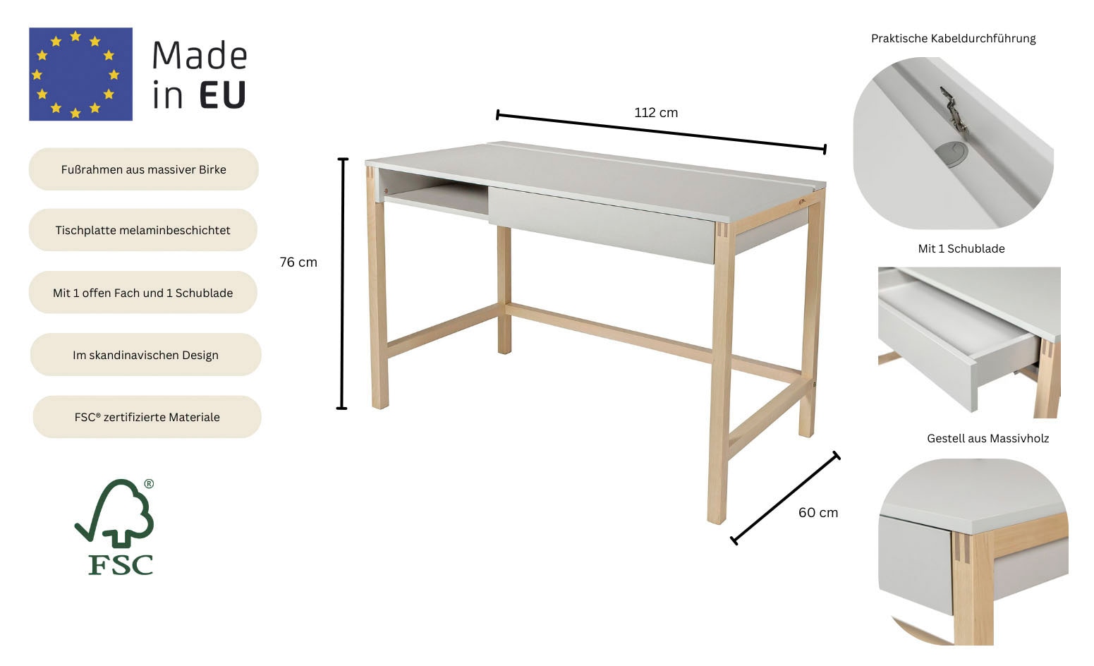 Woodman Schreibtisch »Northgate« im skandinavian Design, Breite 112 cm, FSC®-zertifiziert