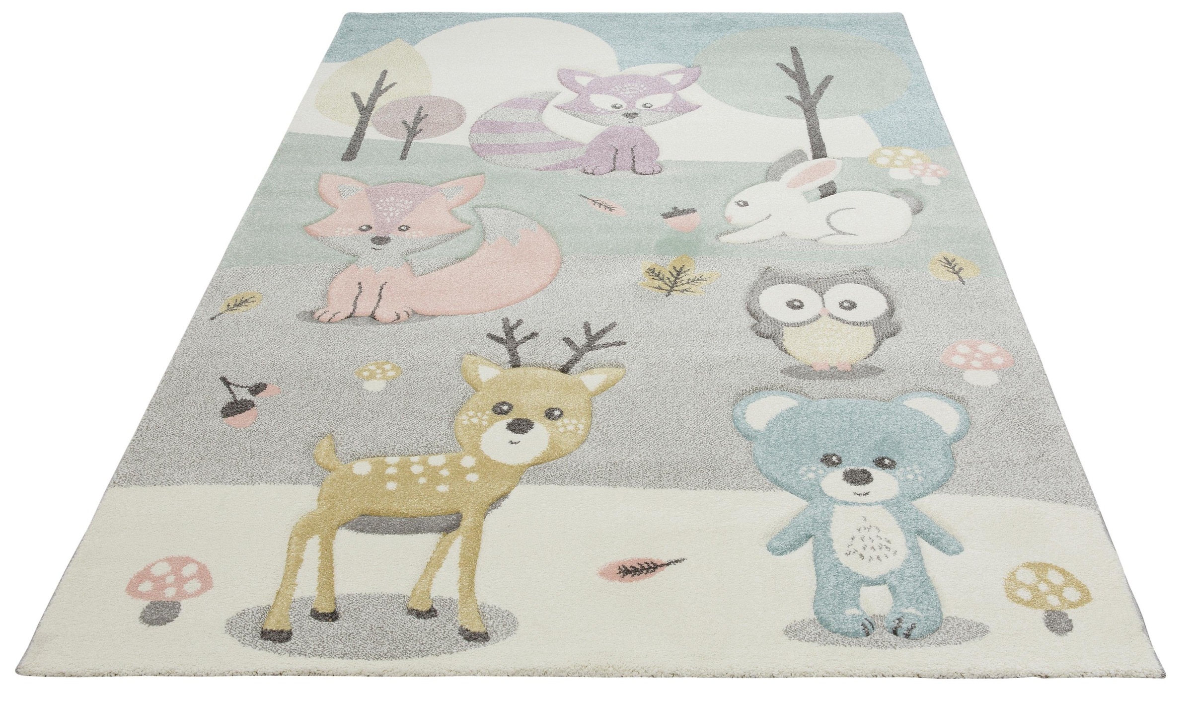 Image of Lüttenhütt Kinderteppich »Wald«, rechteckig, 13 mm Höhe, Kurzflor, Motiv Tiere, Reh, Bär, Eule, Hase, Fuchs, Teppich in Pastell-Farben, 3D-Design, Waldtiere, ideale Teppiche fürs Kinderzimmer bei Ackermann Versand Schweiz