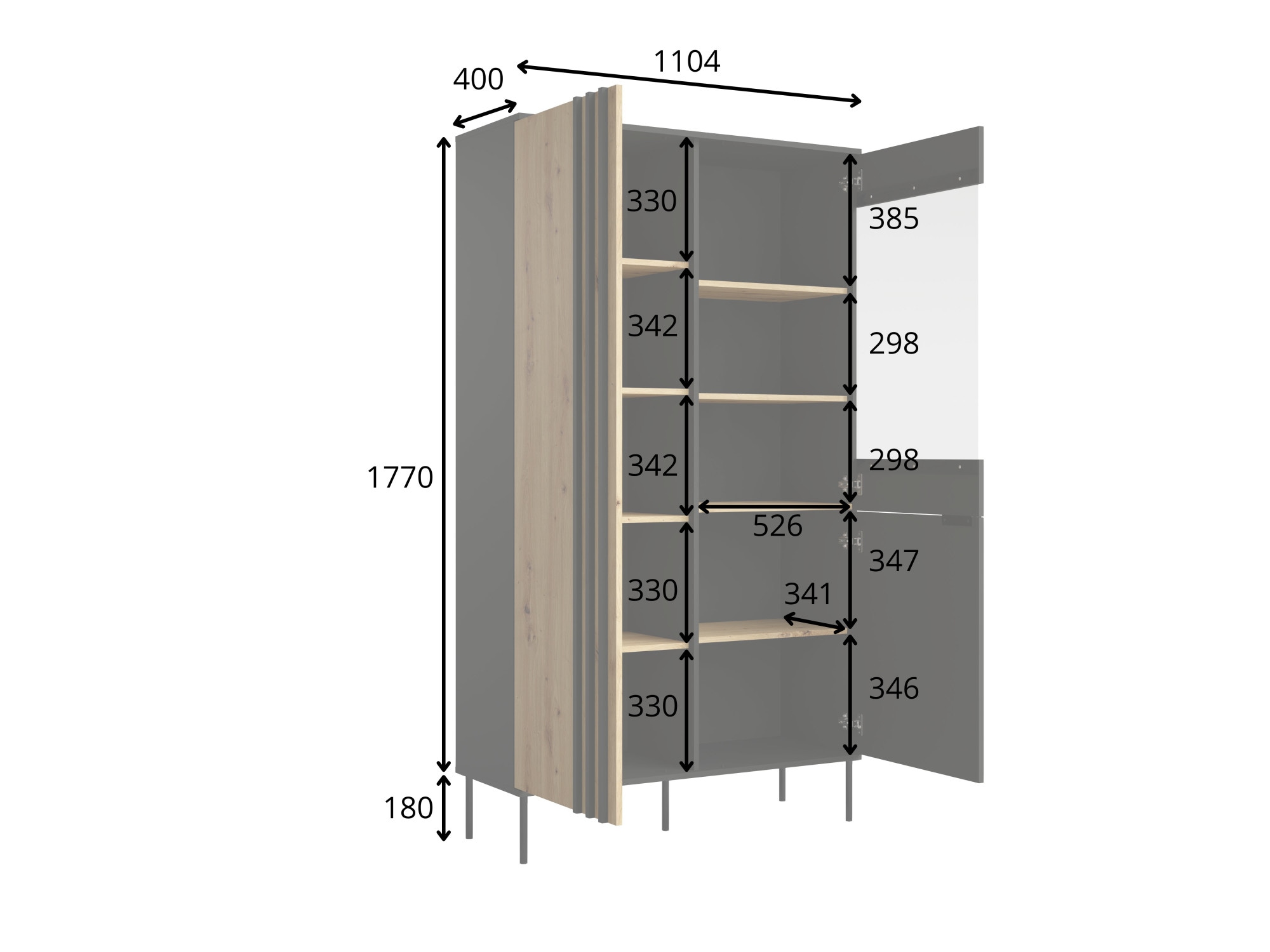 GOODproduct Vitrine »AAELIN Vitrineschrank mit/ohne Beleuchtung, verglast, viel Stauraum« Standvitrine/Glasvitrine mit 2 Türen, 8 Einlegeböden, matt Hochschrank
