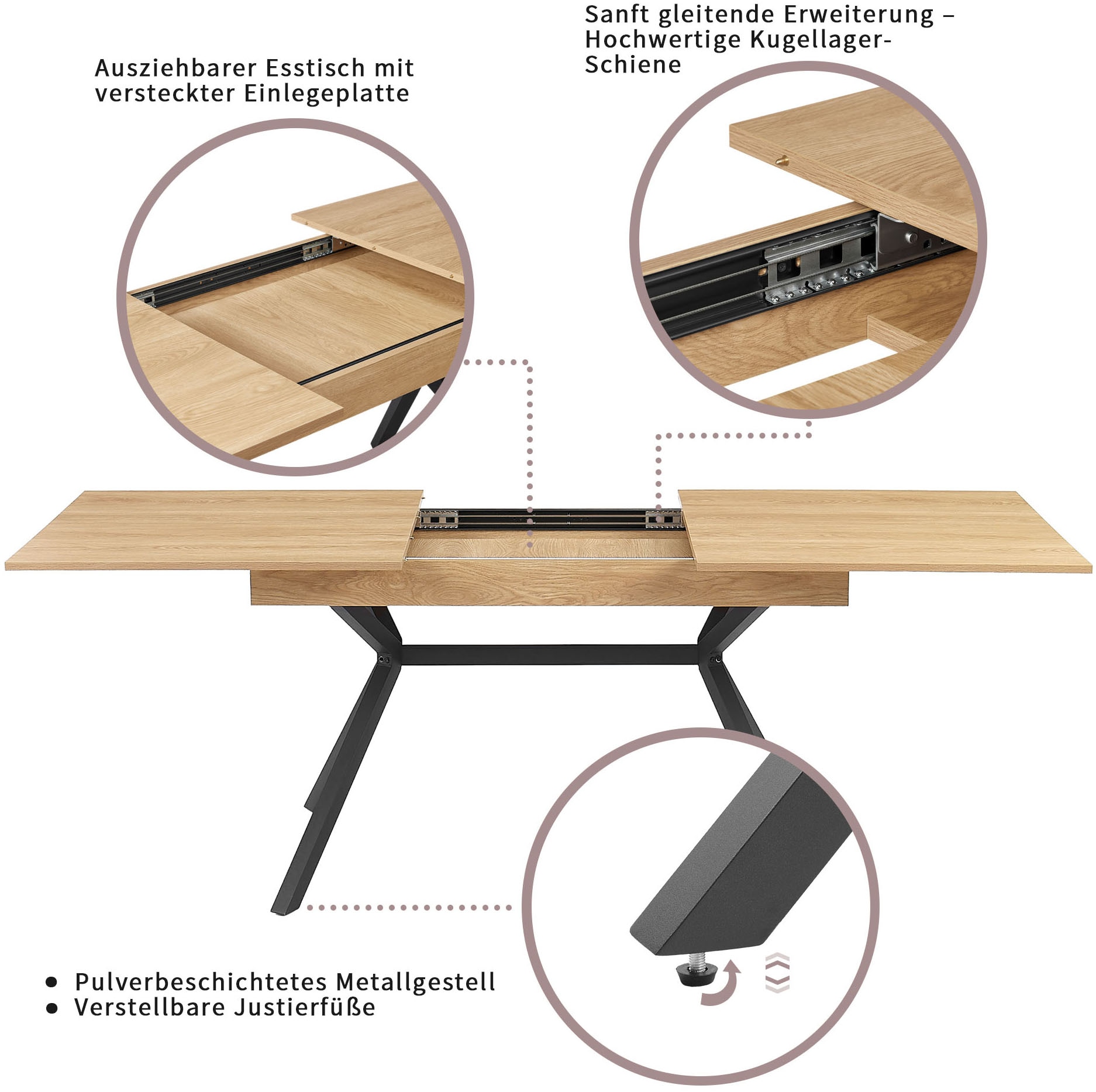 GOODproduct Ensemble de salle à manger »Vendy, Esstisch ausziehbar plus 6 Freischwinger« Set, Esstisch ausziehbar 160 - 210 cm plus 6 Esszimmerstühle, 7 cuis tlg. pflegeleichte Strukturstoff-Stühle, 3D-Steppung, ausziehbarer Tisch