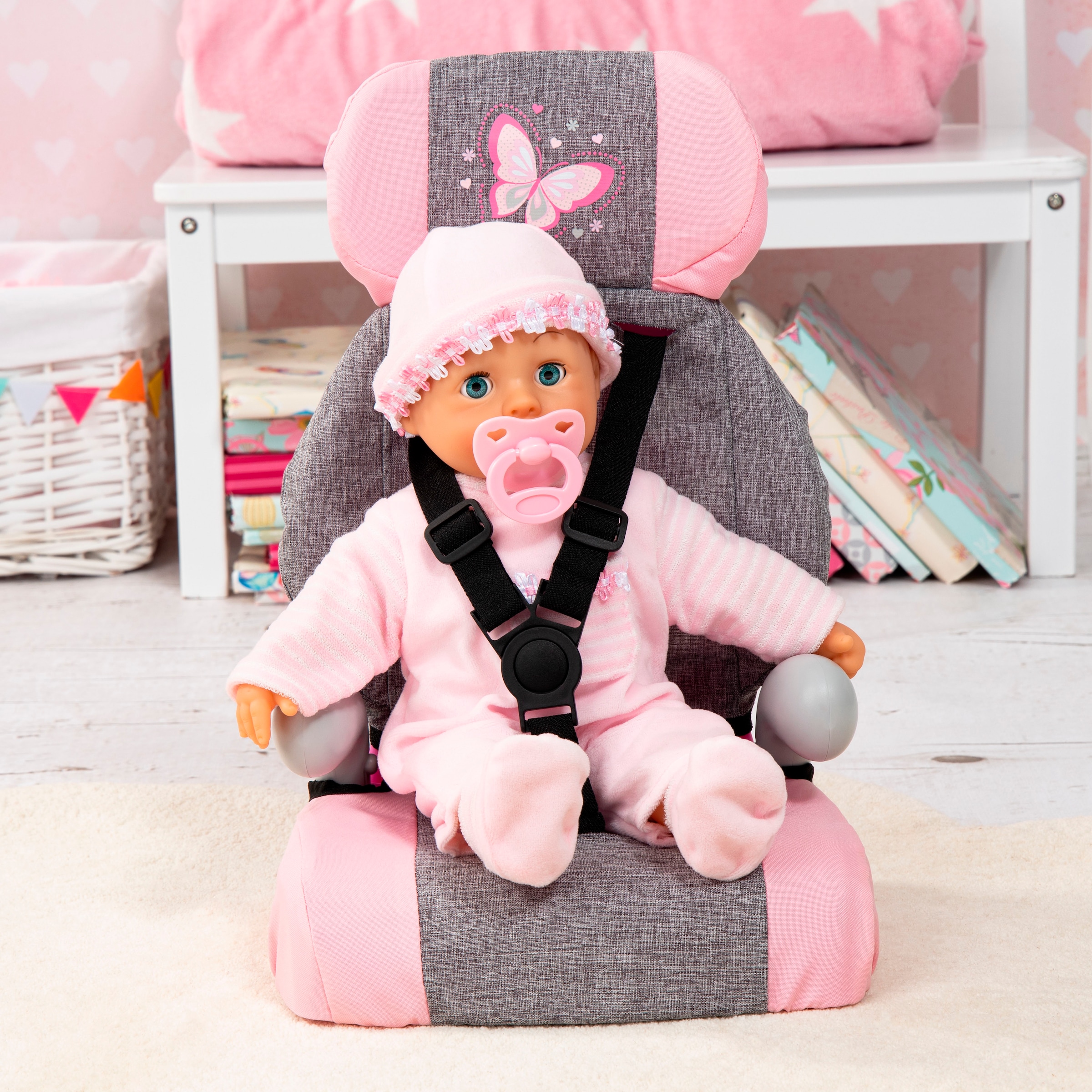 Bayer Siège de voiture de poupée »Deluxe grau/rosa Schmetterling«