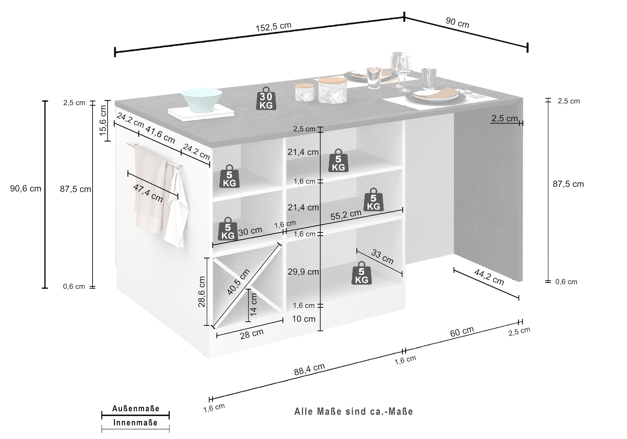 KOCHSTATION Ilot de cuisine »KS-Sole, Kochinsel, Küchenarbeitsblock, Inselküche, Arbeitsinsel« Breite 152,5 cm, mit Essplatz, Handtuchhalter, Fächer und Weinregal