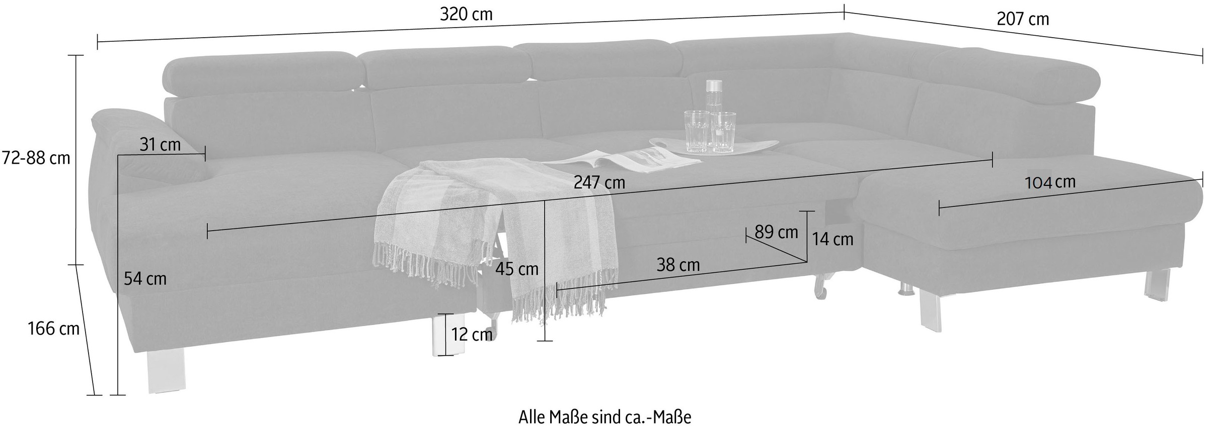 COTTA Wohnlandschaft »Komaris U-Form, B: 320 cm«, mit Kopfteilverstellung, optional Bettfunktion, Bettkasten & Licht