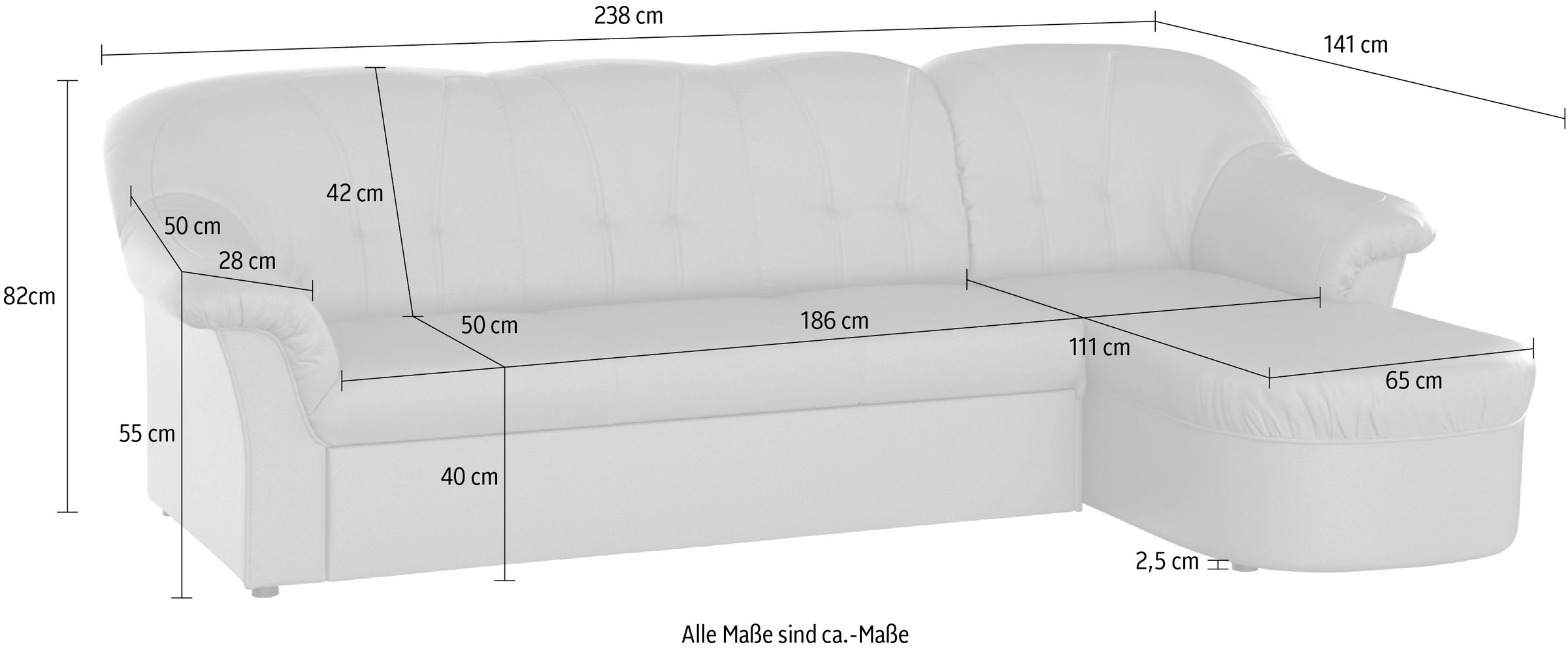 DOMO collection Ecksofa »Pegnitz, elegante Rückensteppung, kompakte Stellmasse 238/141cm, L-Form«, wahlweise mit Bettfunktion