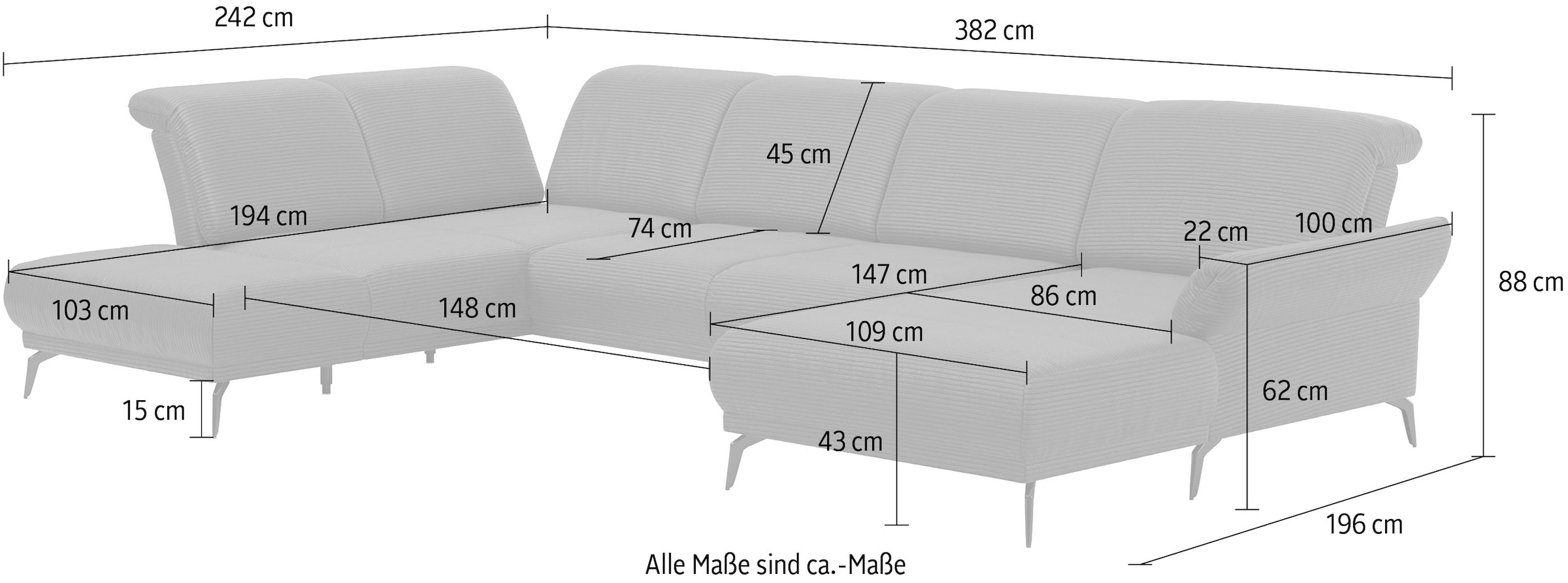 INOSIGN Wohnlandschaft »Coco U-Form«, Sitztiefen-, Arm- und Kopfteilverstellung, Cord-Bezug, Fusshöhe 15 cm
