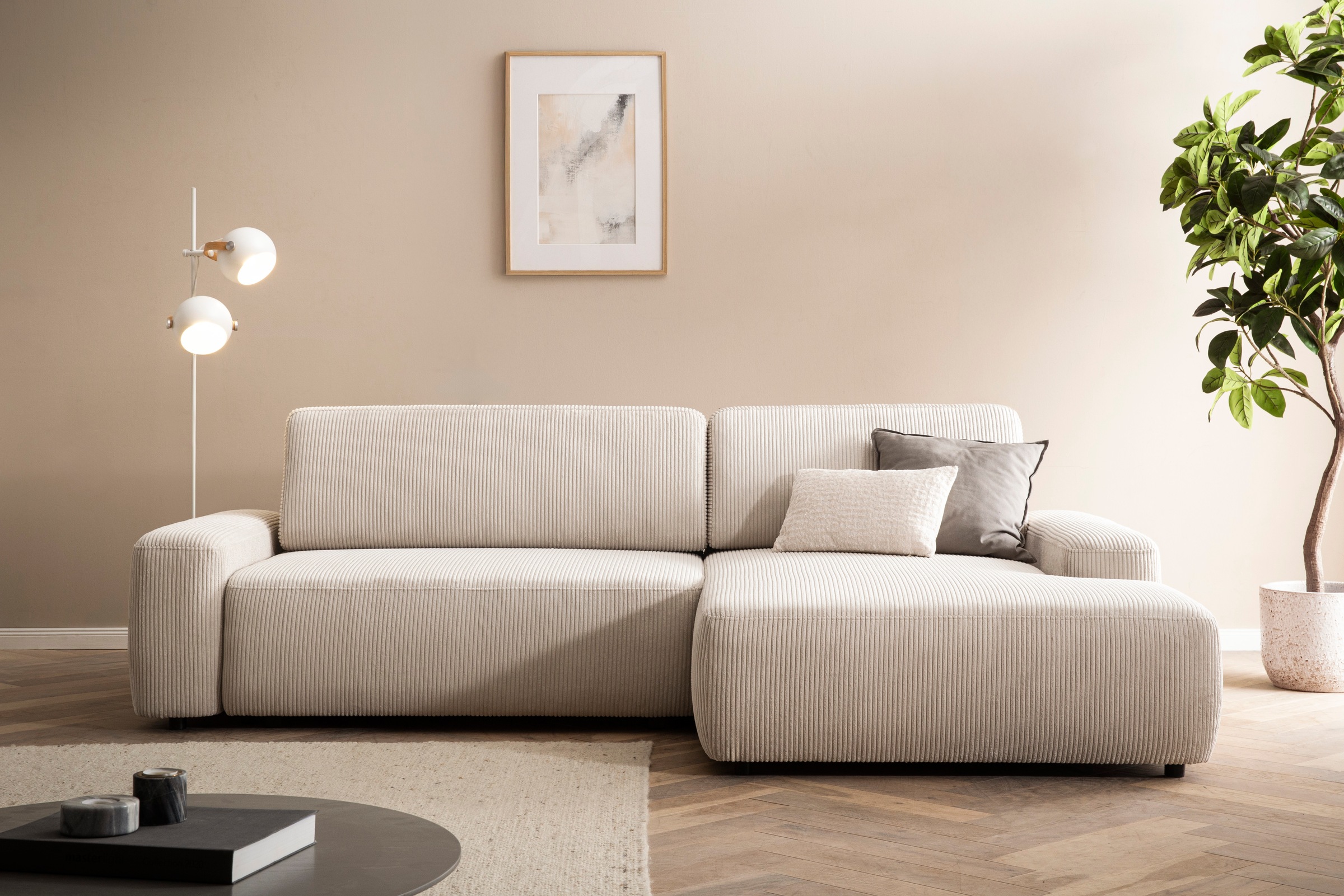 INOSIGN Ecksofa »TORGE (264cm), Schlafsofa in Cord, Samtvelours o Struktur fein, L-Form«, Schlaffunktion, Bettkasten, Liegefläche: 125/210 cm