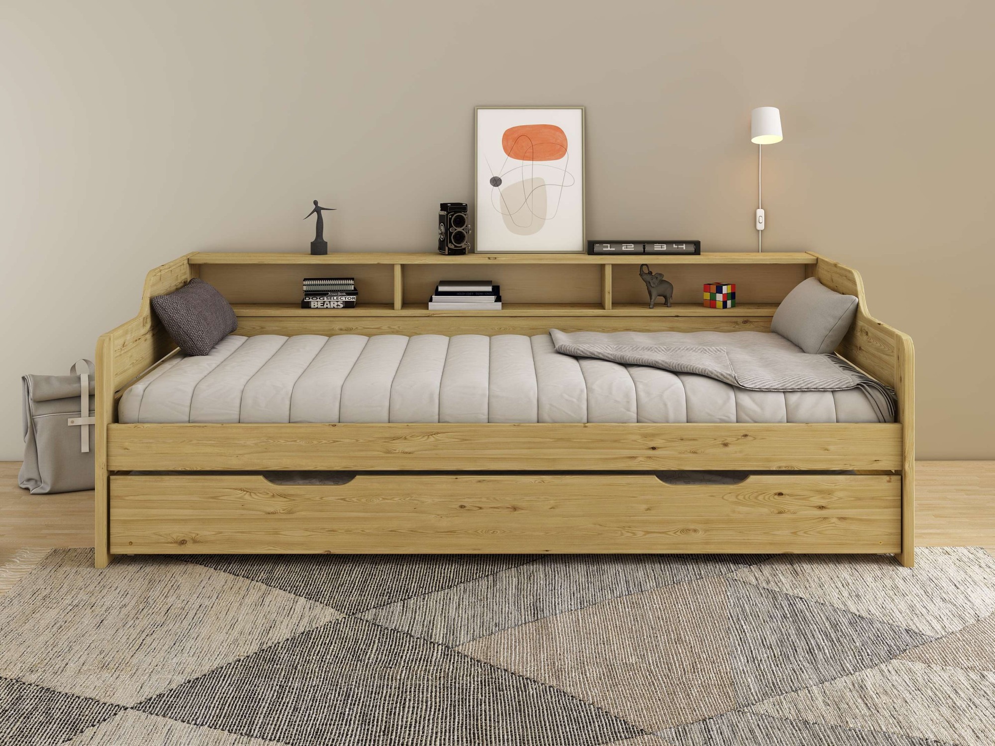 Image of GOODproduct Daybett ""REETE1", Stauraum, Funktionsbett, Kinderbett, inklusive Schubkasten" 90x200cm, 2 Schlafplätze, mit Regalen, FSC zertifiziertes Massivholz (Kiefer), Landhausstil