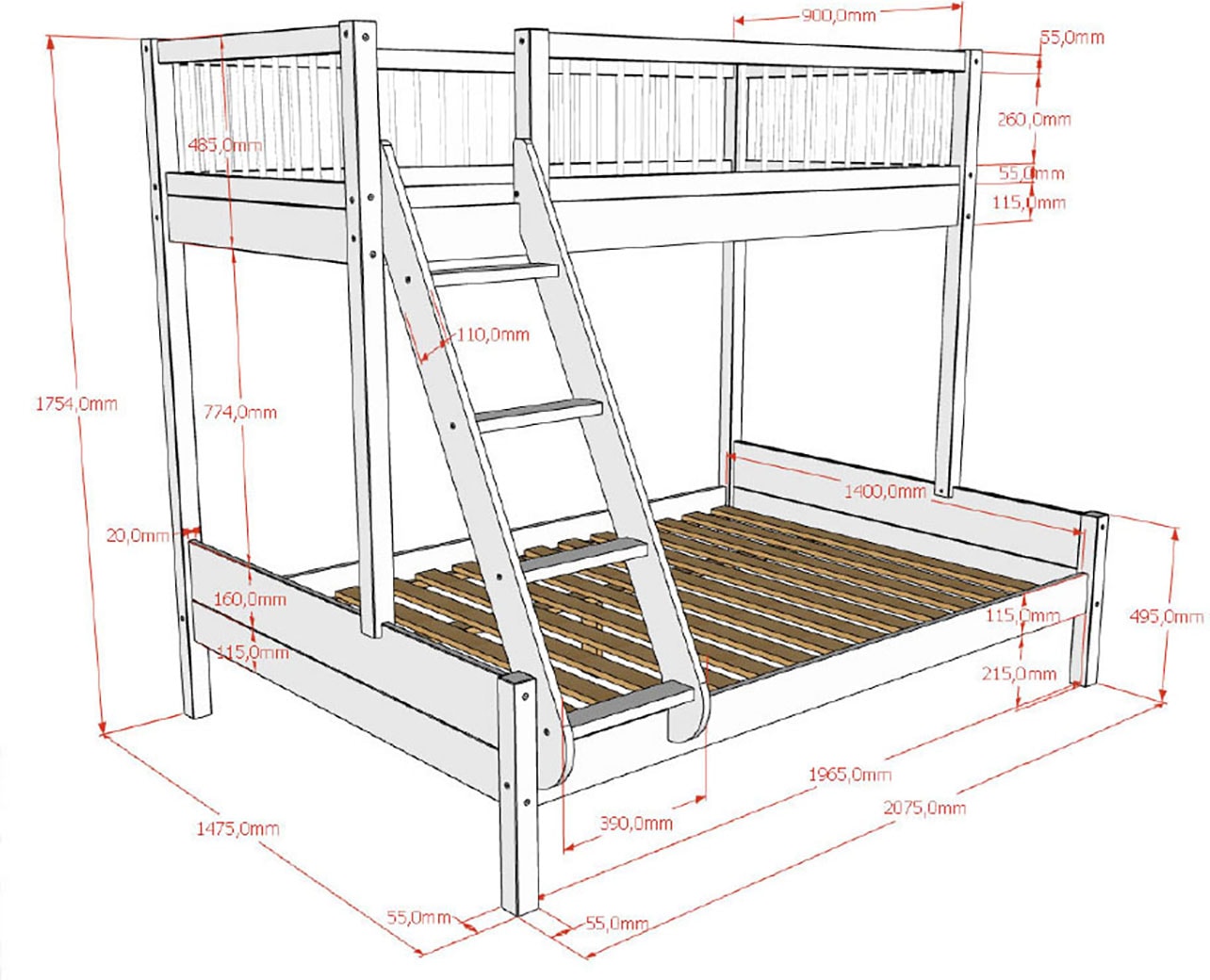 Vipack Etagenbett »Forrest Massivholzbett Made in Europe, stabil und hochwertig gebaut« Liegefläche 90/140x200 cm, mit Leiter, Rolllattenrost,  mit Absturzschutz oben in Sprossenoptik, Eiche natur geölt