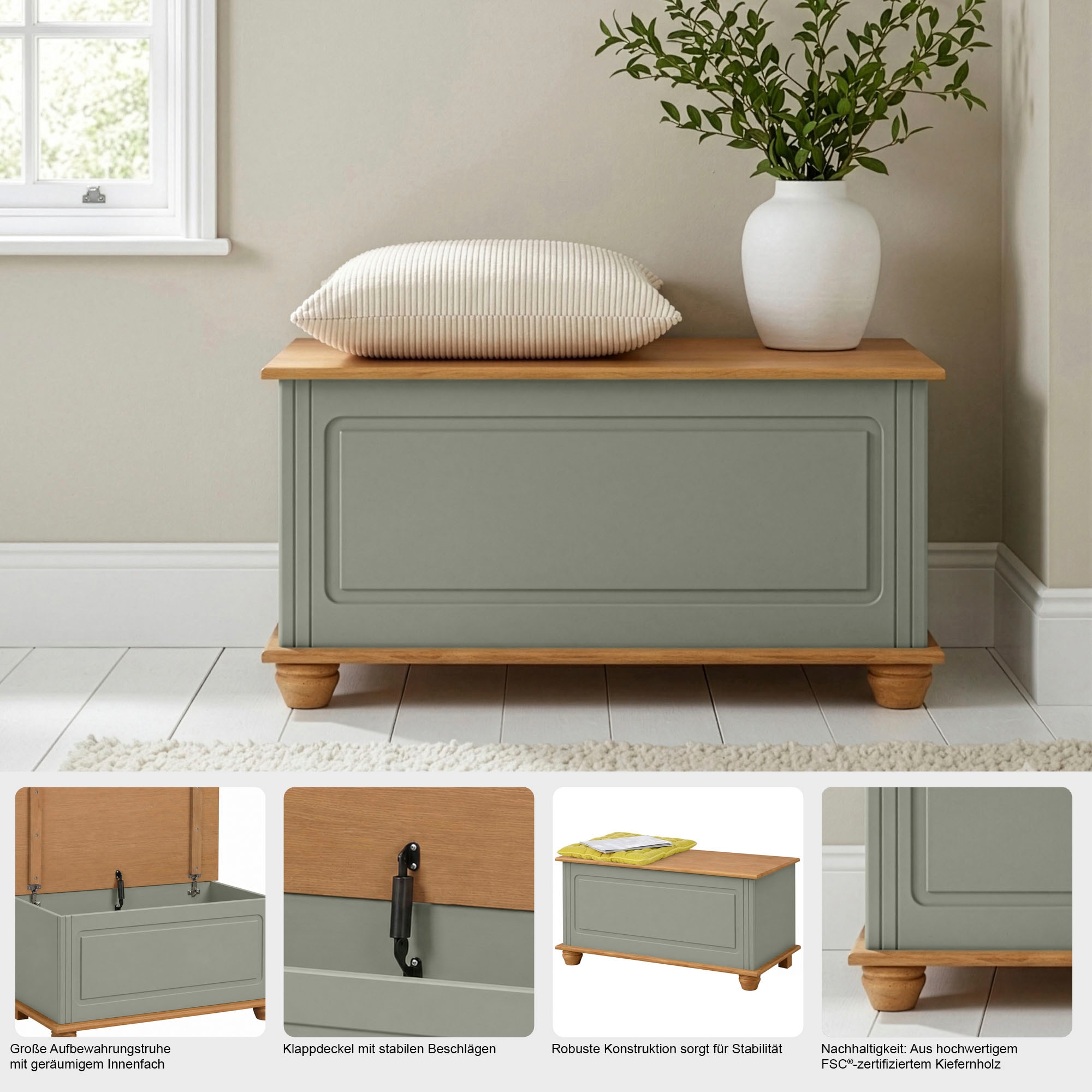 GOODproduct Sitztruhe »Finca« aus massivem Kiefernholz, 85 x 43 x 45 cm, mit praktischem Stauraum