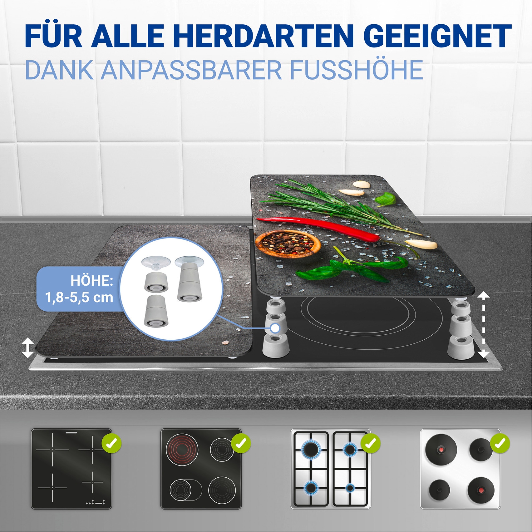 WENKO Herd-Abdeckplatte »Universal Modell Rosmarin«, (Set, 2 tlg.), Herdabdeckung für alle Herdarten, kratzfest, mit rutschfesten Füssen