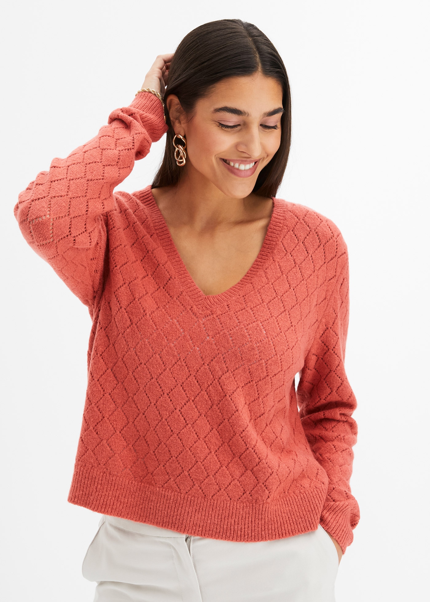 Image of bonprix Ajourpullover "Ajour-Pullover" bequeme Passform, mit tollem Ajour-Lochmuster, tiefer V-Ausschnitt