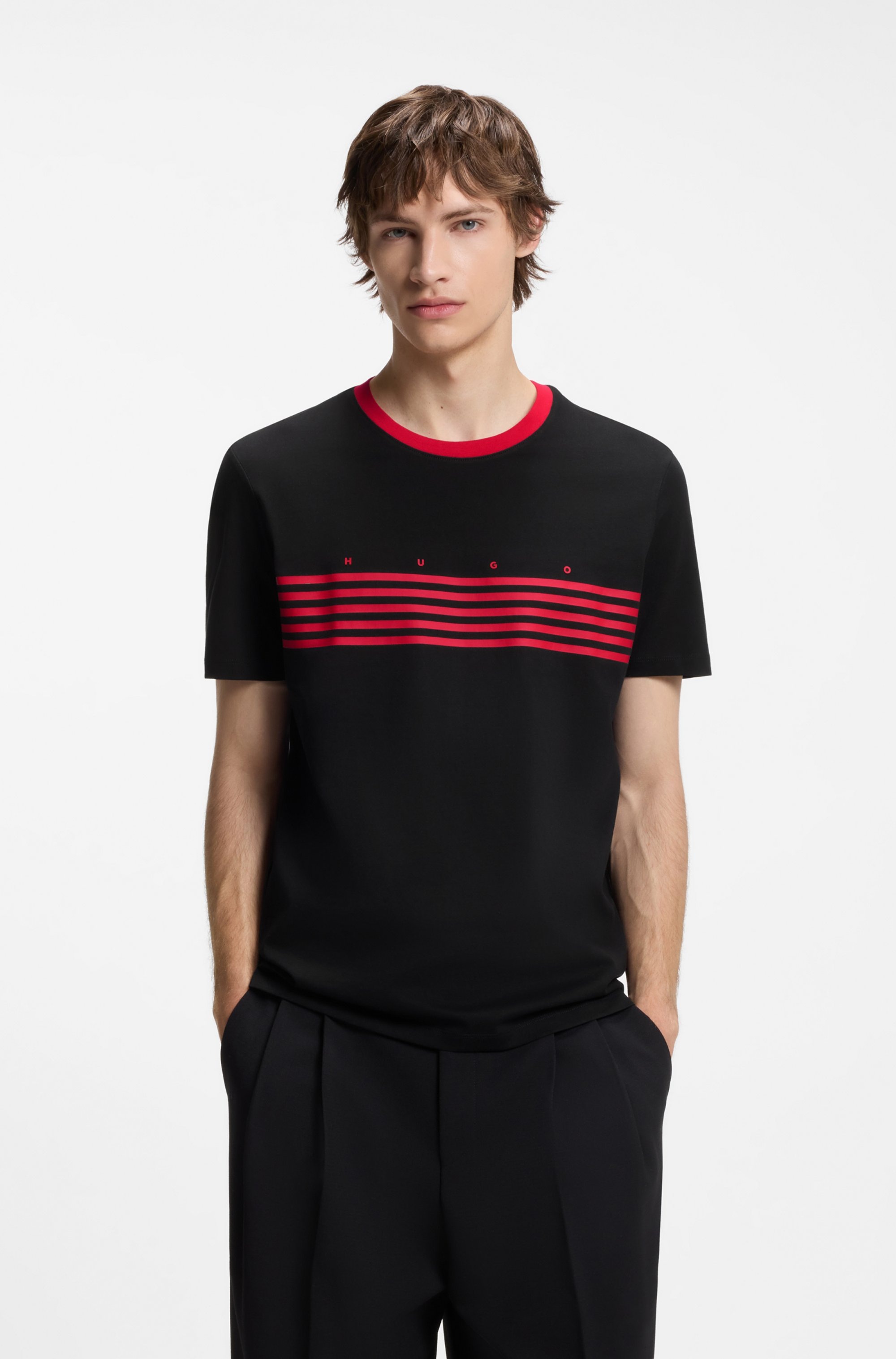 Image of HUGO T-Shirt "Dempsy" kontrastfarbiger Ausschnitt, Regular Fit, reine Baumwolle