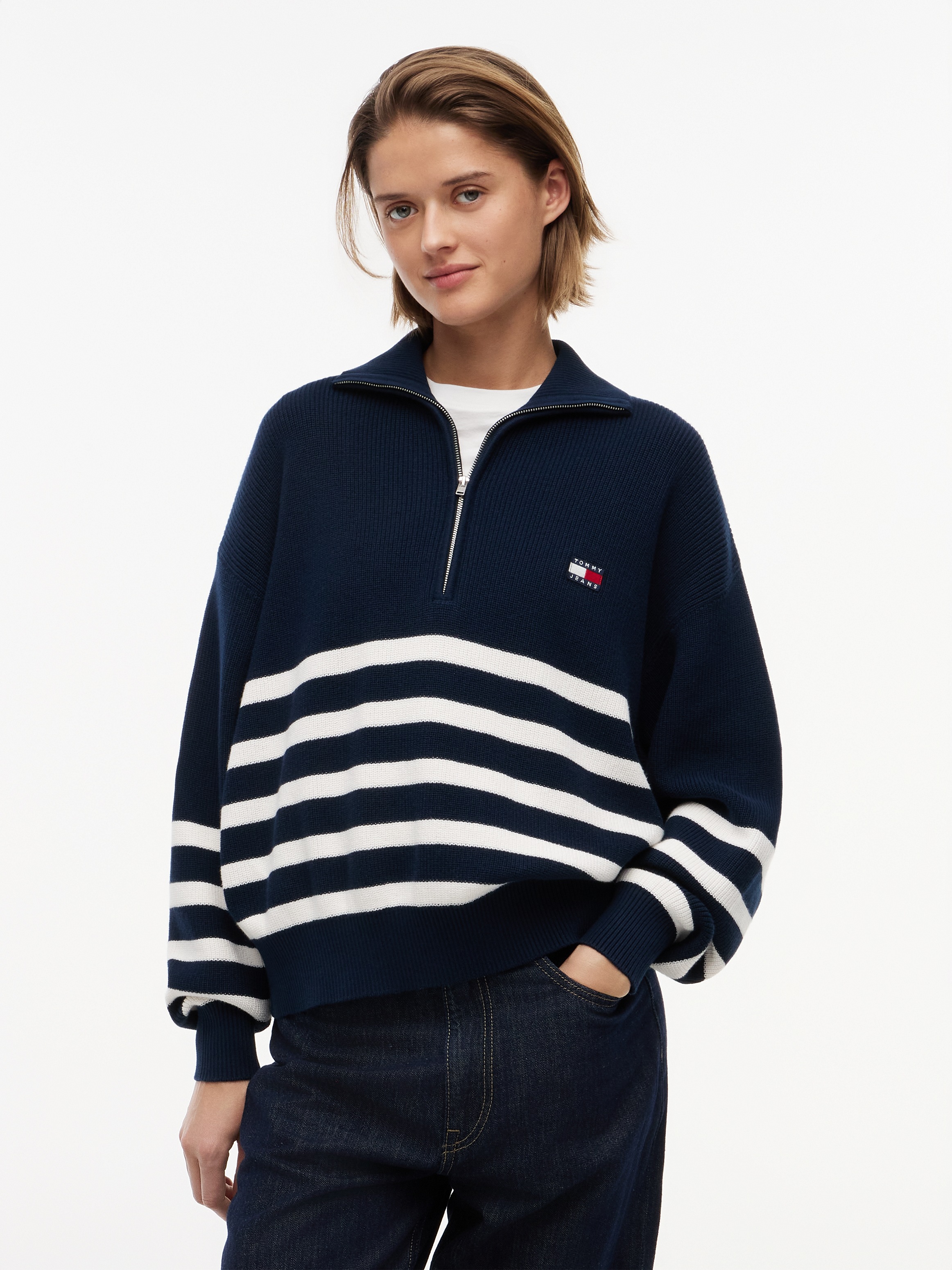 Image of Tommy Jeans Troyer "TJW STRIPE QUARTER ZIP SWEATER" Baumwolle, mit Zipper, Streifen Design