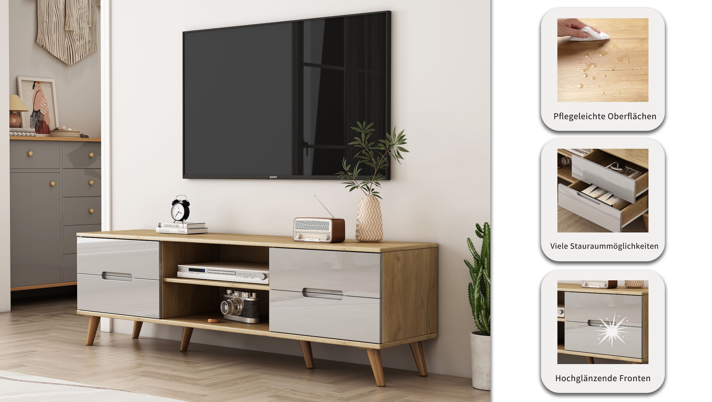 GOODproduct Tableau TV »Lund« glänzende Fronten, Kabeldurchführung, helles Holzdekor, Breite 160 cm